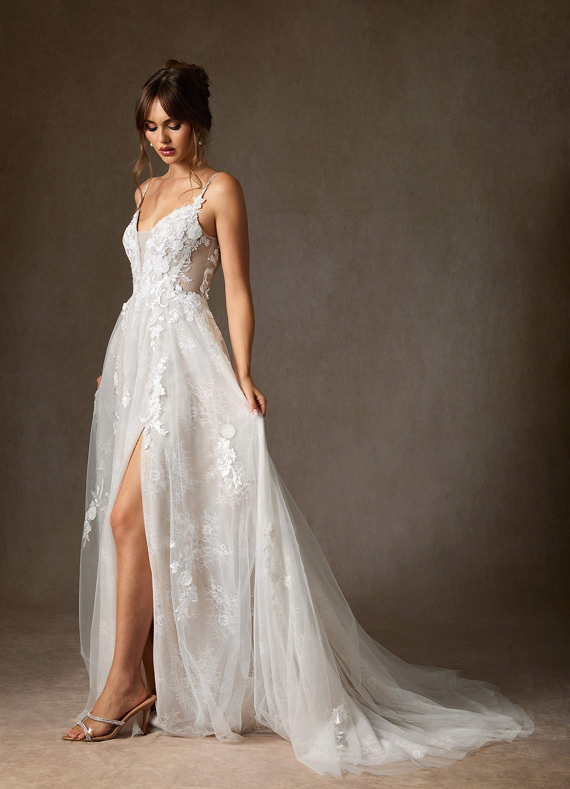 Azazie Monda Wedding Dresses Diamond White A-Line Lace Tulle Dress image1