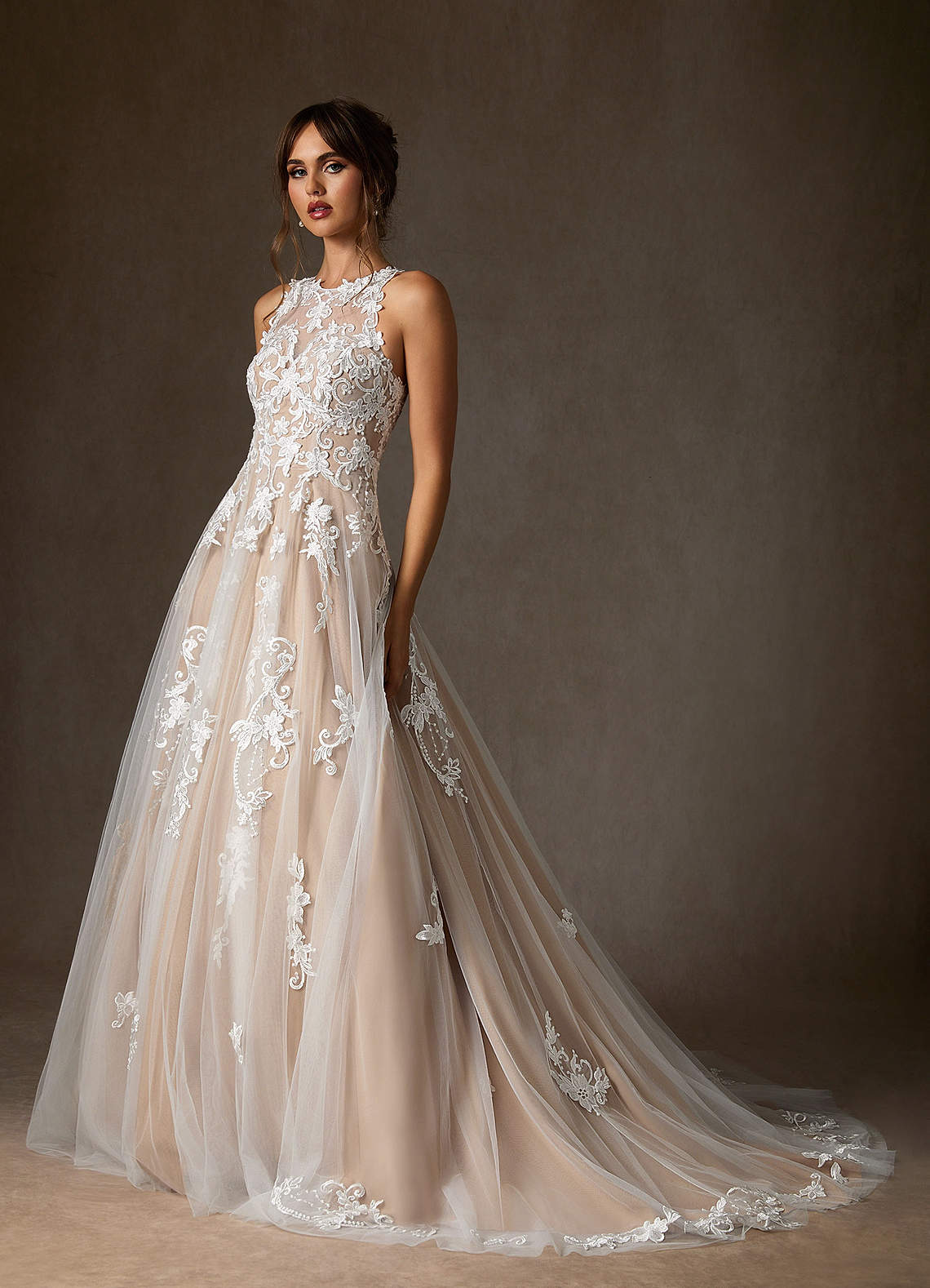 Azazie Melrose Diamond White Nude A-Line Sweetheart Lace Tulle