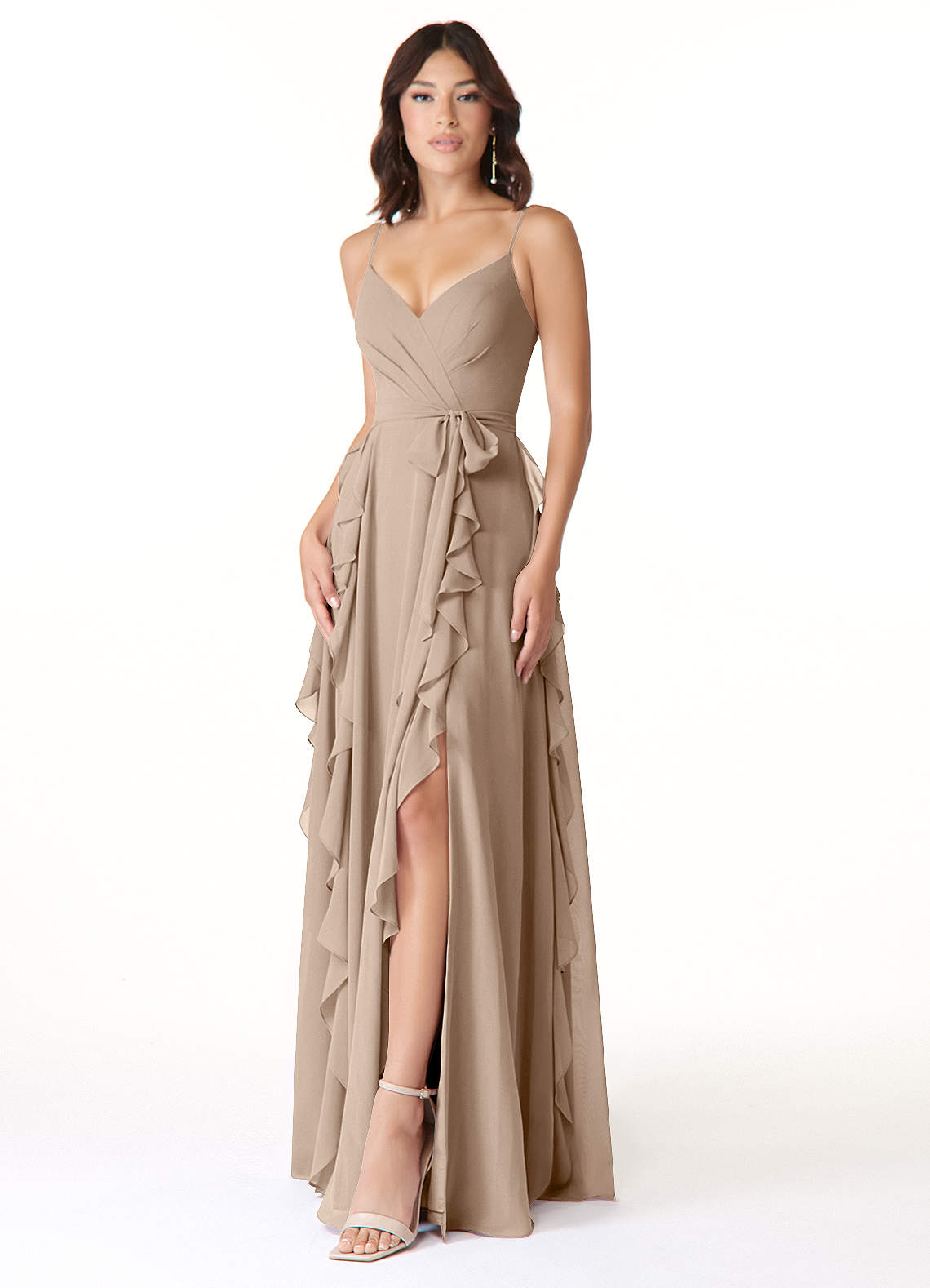 taupe bridesmaid dresses Six Stories Women's Cowl Front Chiffon Dress center back slit Azazie Peyton