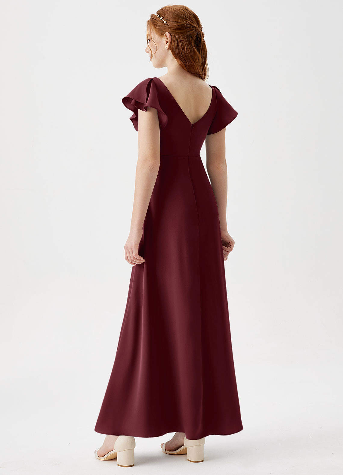 Azazie Omari Junior Cabernet A-Line Pleated Stretch Satin Dress image1