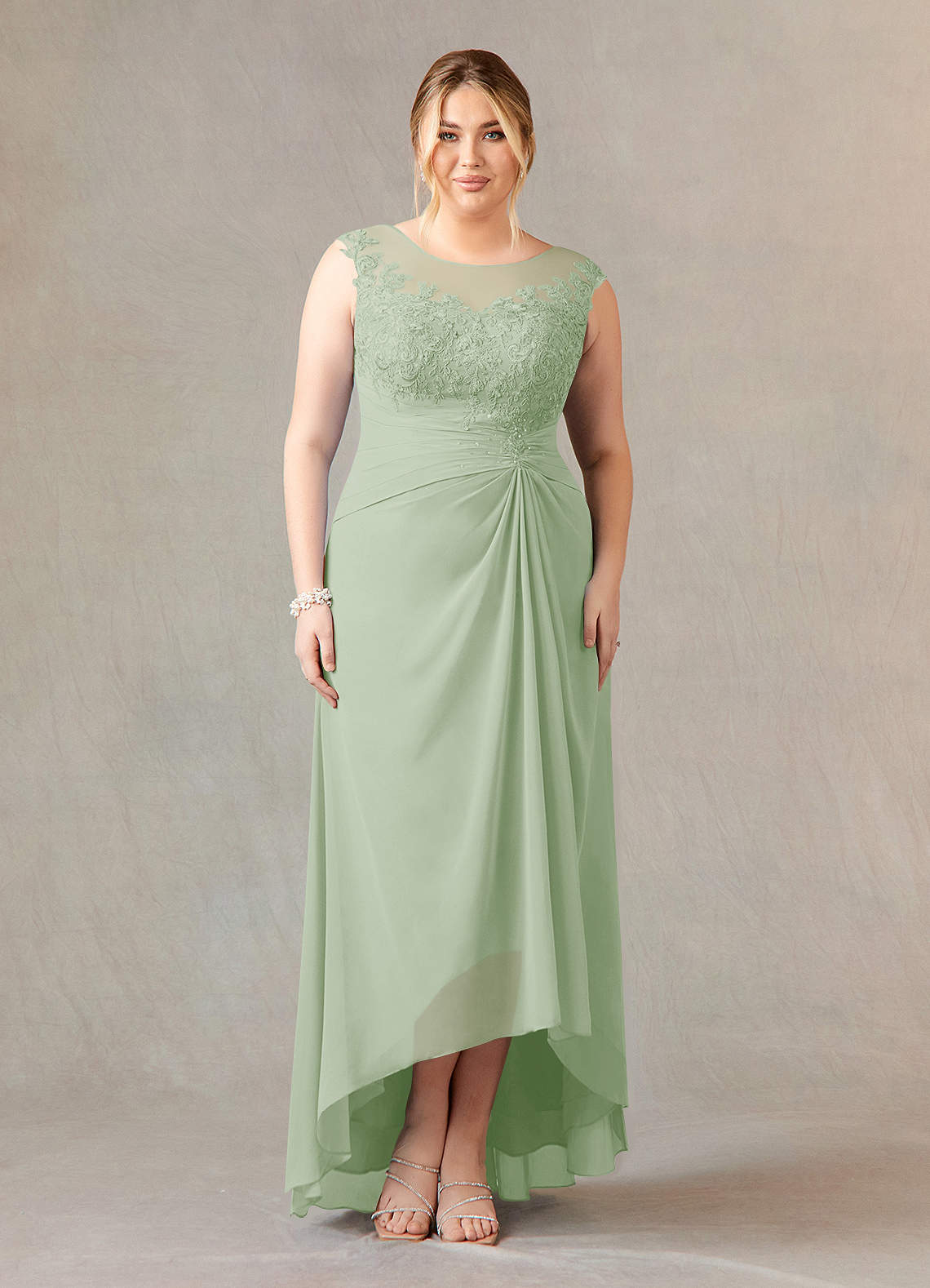 Azazie Endora Final Sale Dusty Sage A-Line Scoop Lace Chiffon Dress image1