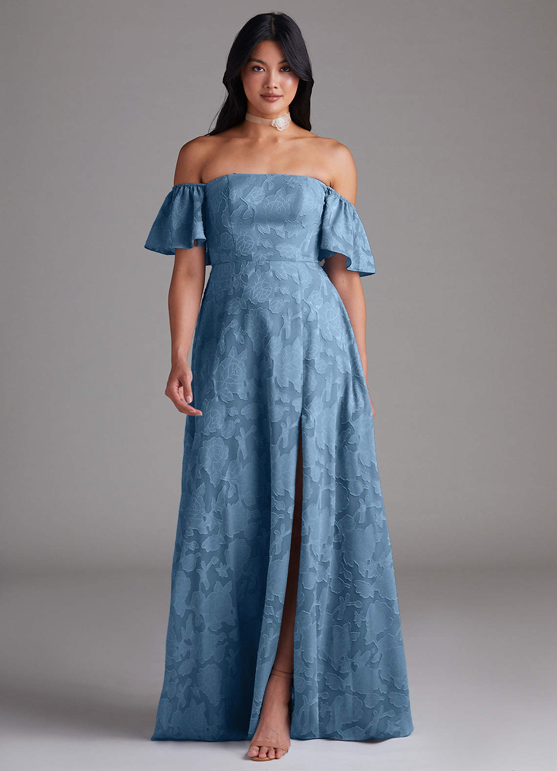 Azazie Sue Bridesmaid Dresses Steel Blue A-Line Off the Shoulder Floral Burnout Convertible Dress image1