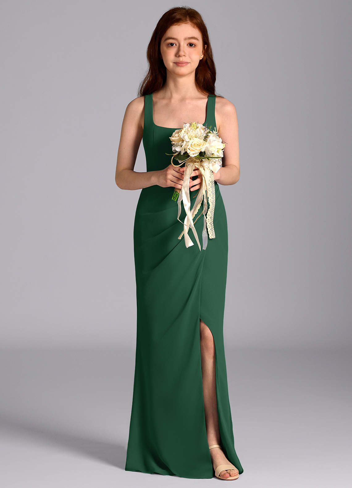 Azazie Mermaid Square Neck Floor-Length Chiffon Junior Bridesmaid Dresses - Dark Green