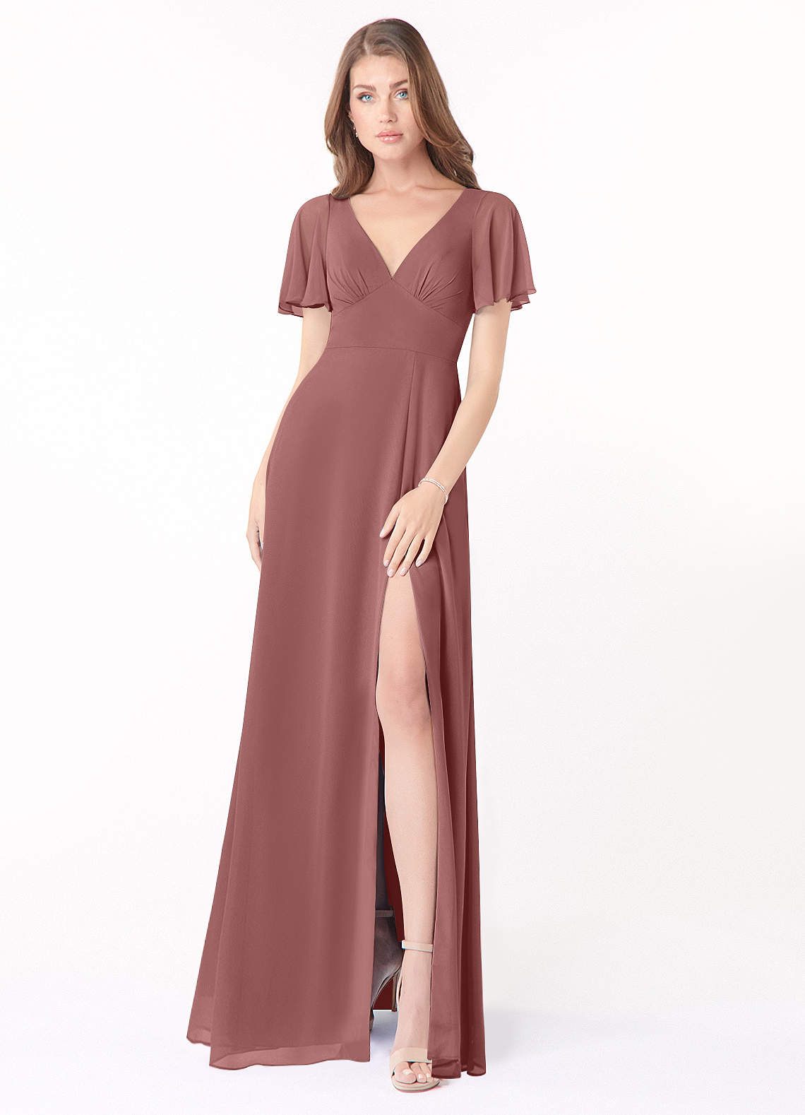 Azazie Kimber Bridesmaid Dresses Desert Rose A-Line Flounce Sleeve Chiffon Dress image1