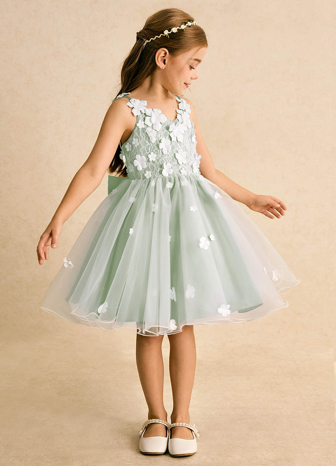 Azazie Junebug Flower Girl Dresses Ivory Dusty Sage Ball-Gown Lace Tulle Dress image3