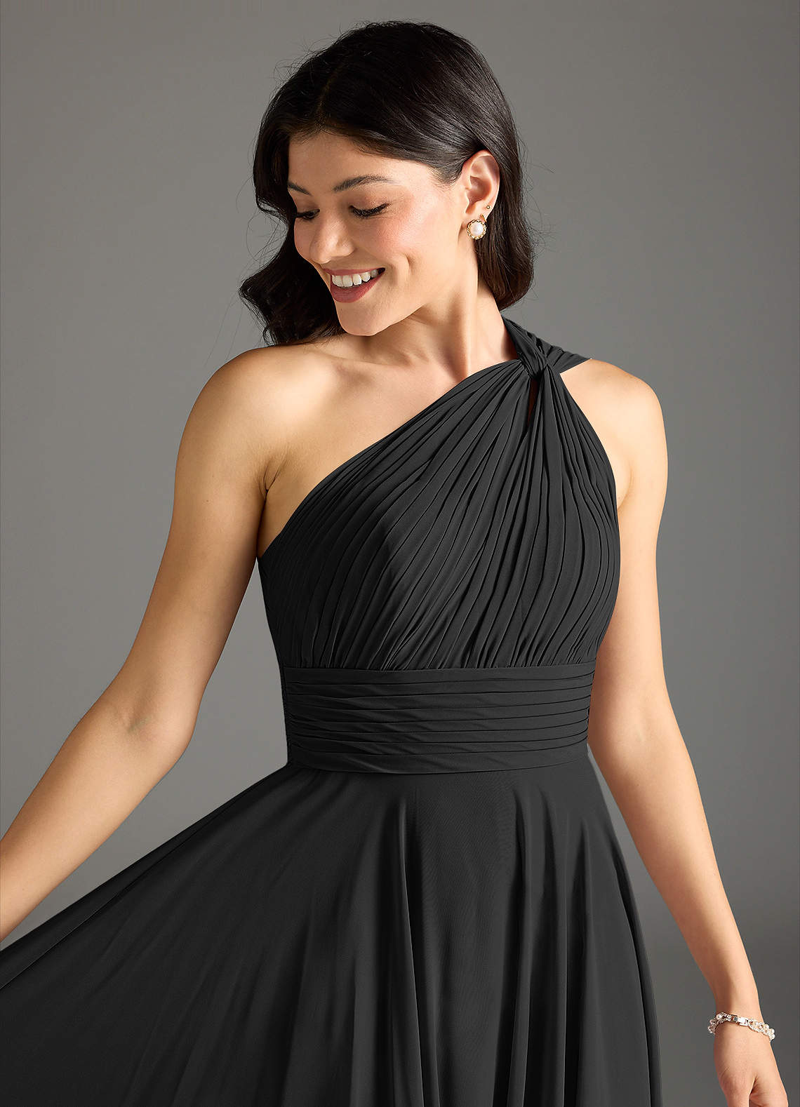 Azazie Charlize Bridesmaid Dresses Black A-Line One Shoulder Chiffon Dress image4