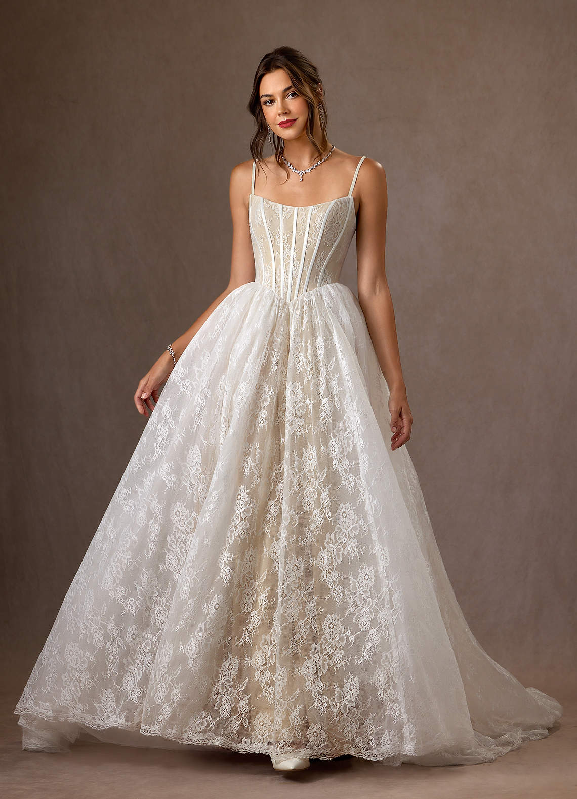 Azazie Demetria Wedding Dresses Diamond White Nude Ball-Gown Strapless Lace Dress image3