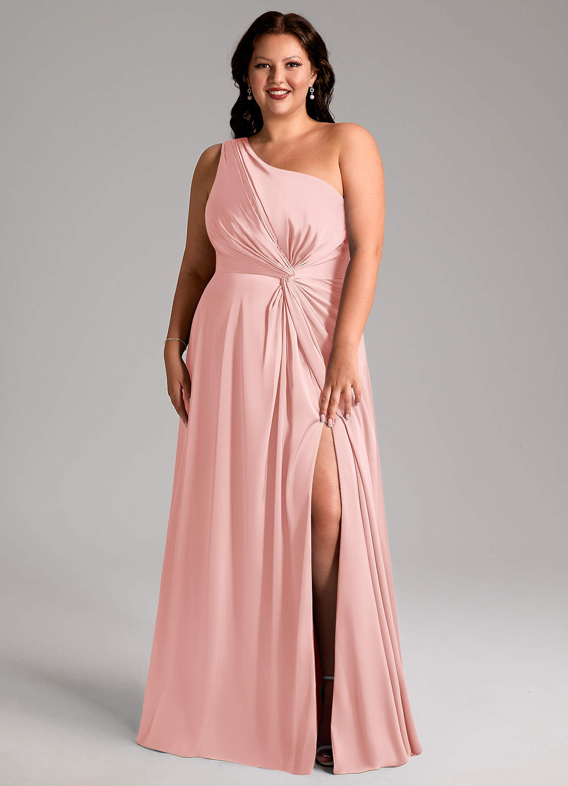 Azazie Brooke Bridesmaid Dresses Powder Pink A-Line One Shoulder Stretch Satin Dress image1