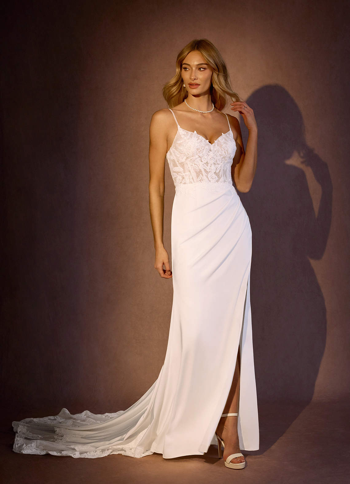 Azazie Rosalina Diamond White Mermaid V-Neck lace Crepe Back Satin