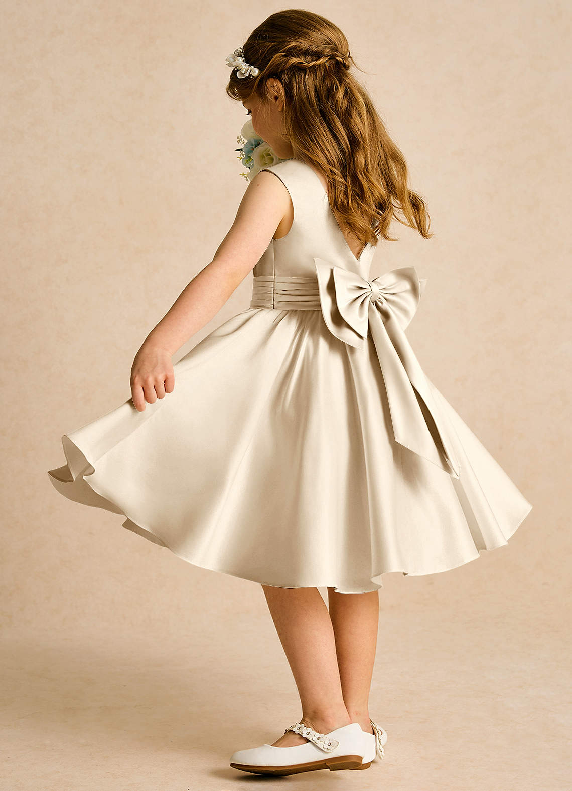 Azazie Sosie Flower Girl Dresses Champagne Champagne A-Line Pleated Matte Satin Dress image3