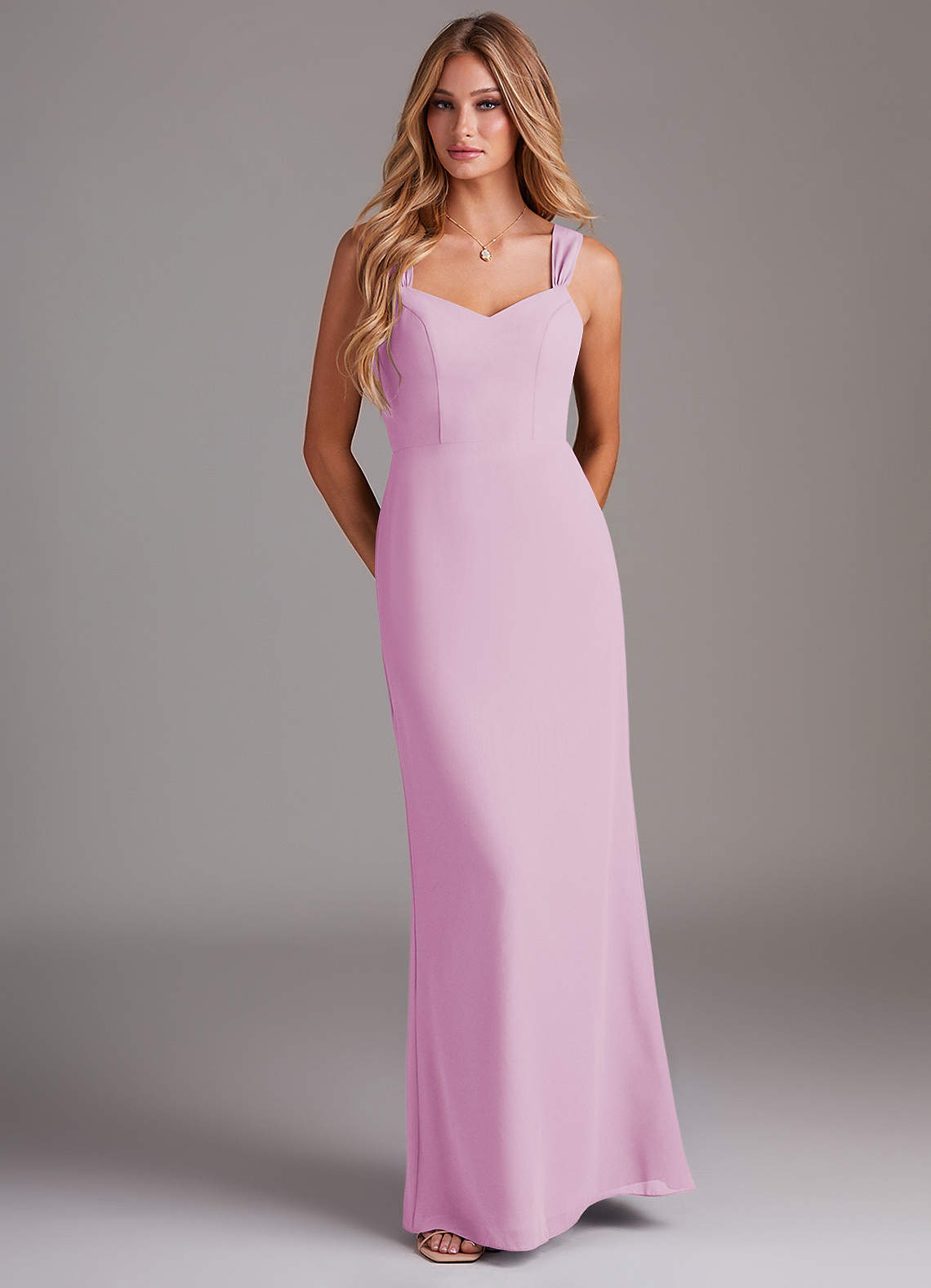 Azazie Denice Bridesmaid Dresses Candy Pink Sheath Pleated Chiffon Dress image1