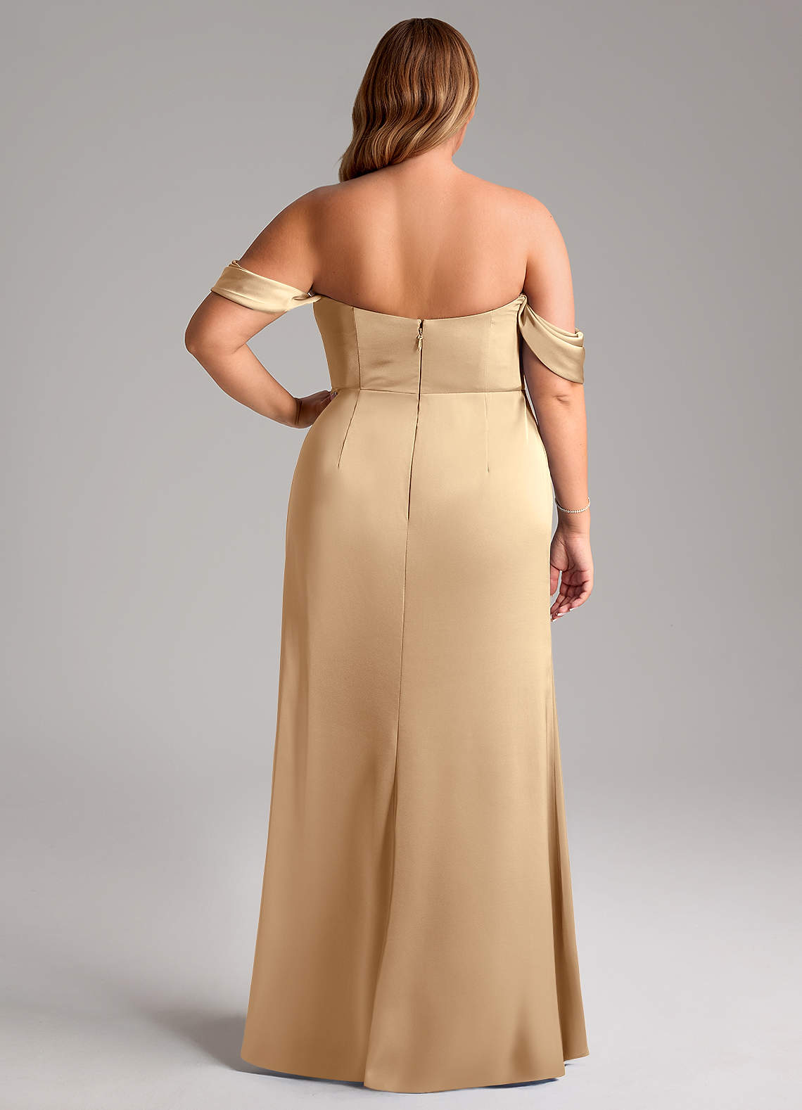 Azazie Saige Bridesmaid Dresses Champagne Sheath Off the Shoulder Stretch Satin Dress image11