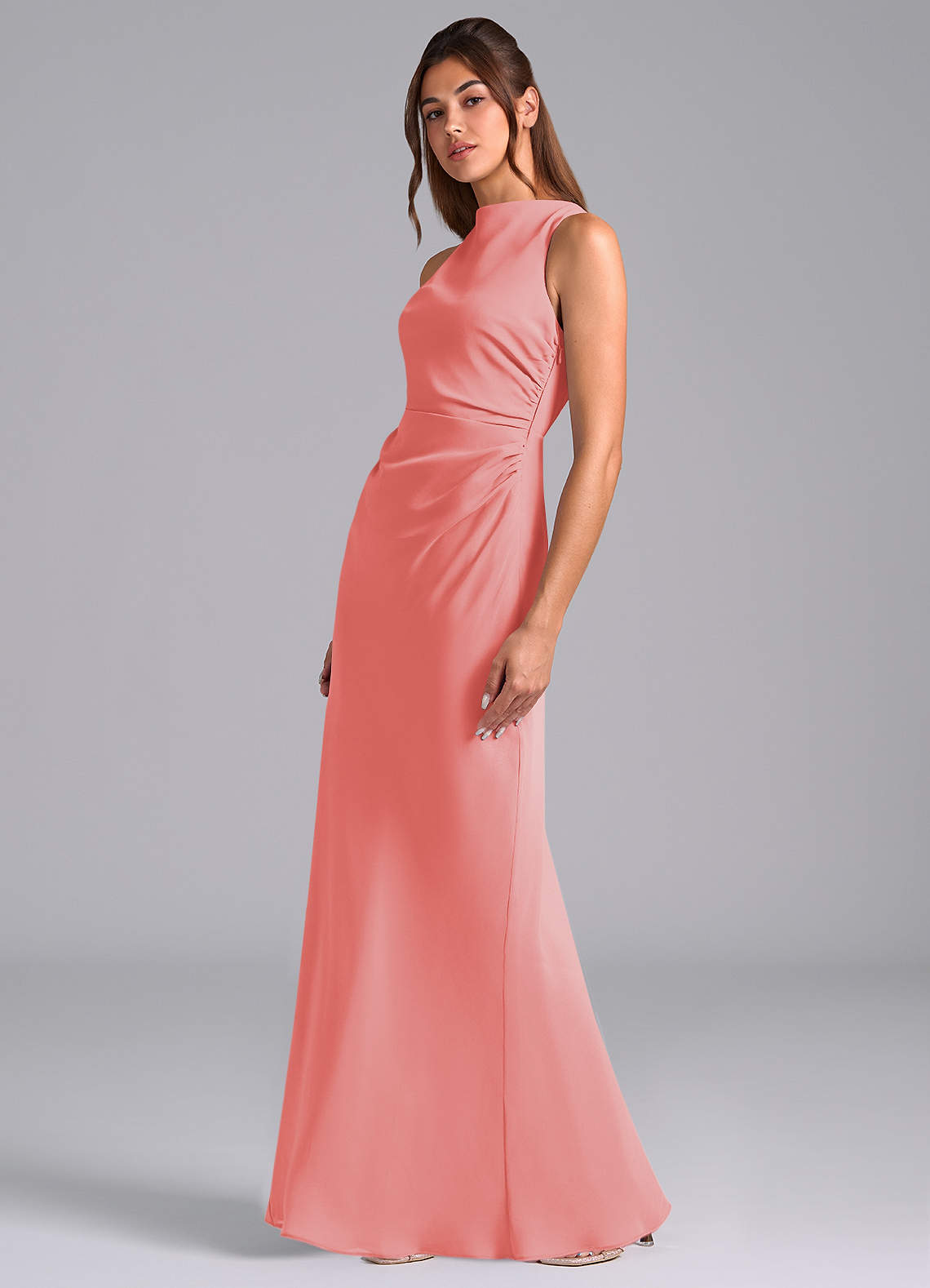 Azazie Evadne Bridesmaid Dresses Coral A-Line Pleated Chiffon Dress image1
