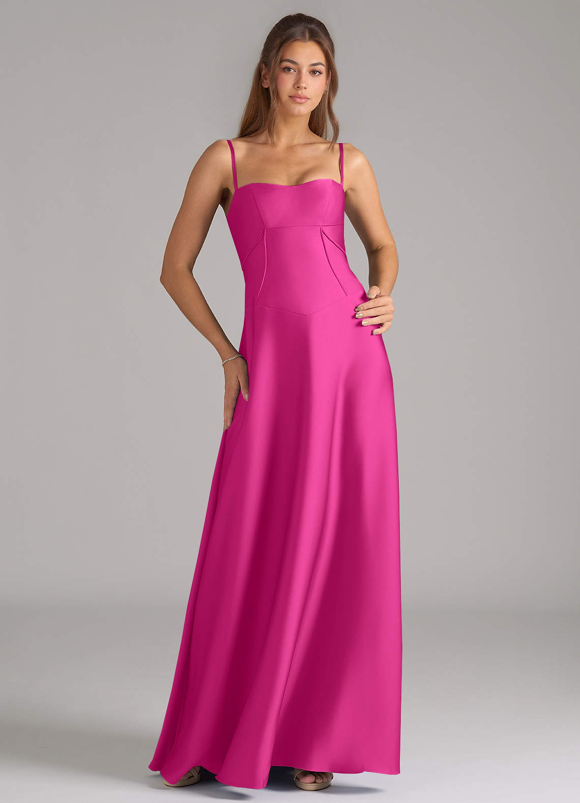Azazie Valentine Bridesmaid Dresses Fuchsia A-Line Corset Stretch Satin Dress image1