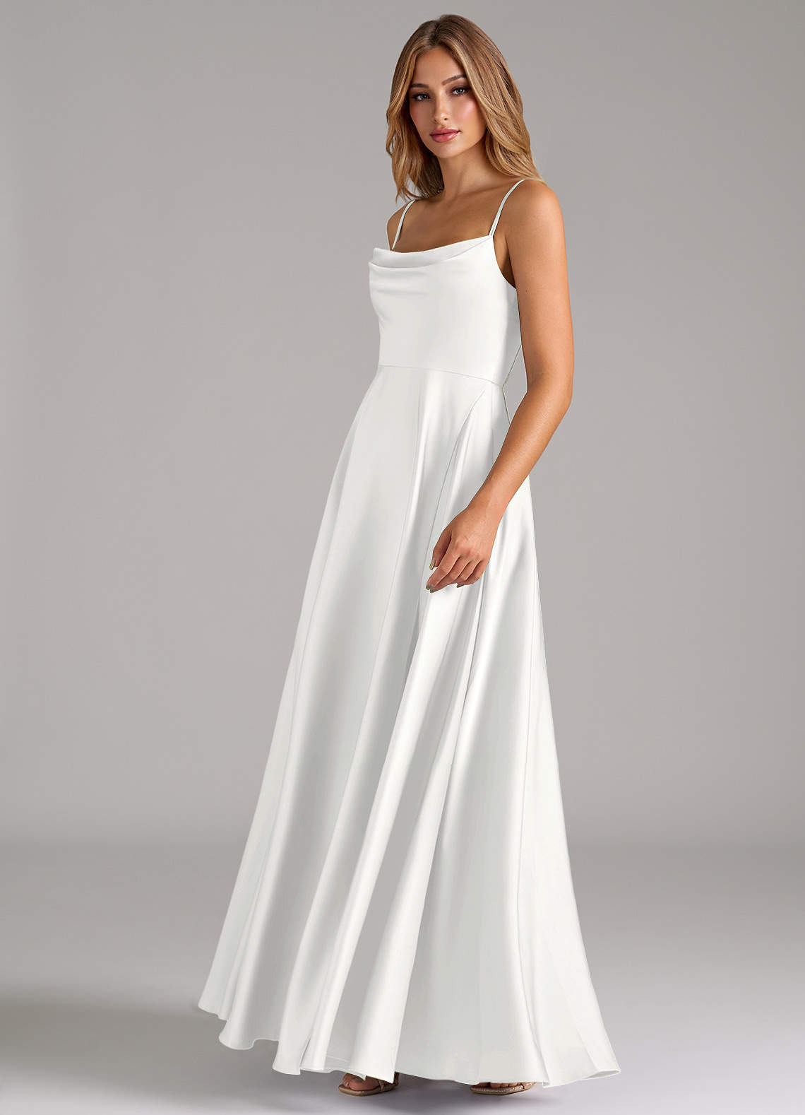 Azazie Elle Vestidos de damas de honor Vestido de Blanco de Satén Elástico de Corte en A con Plisado image5