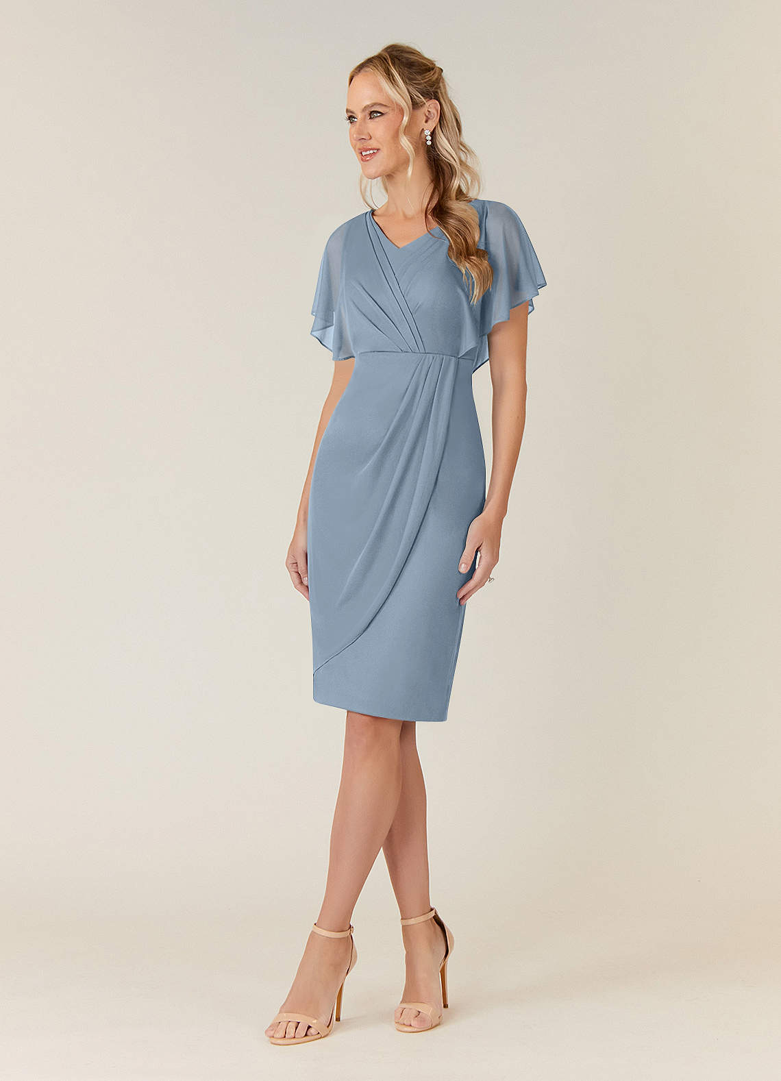 Azazie Waverly At-home Try On Dresses Dusty Blue Sheath Pleated Mesh Dress image2