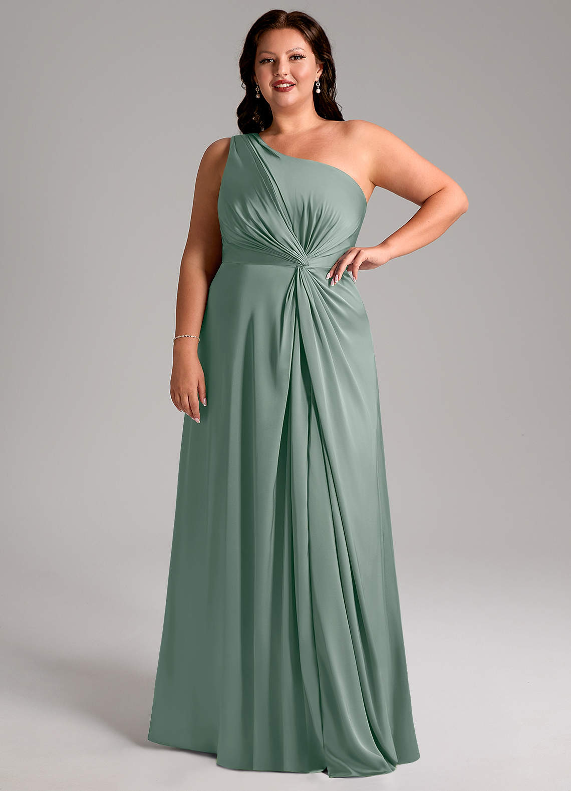 Azazie Brooke At-home Try On Dresses Emerald A-Line One Shoulder Stretch Satin Dress image12