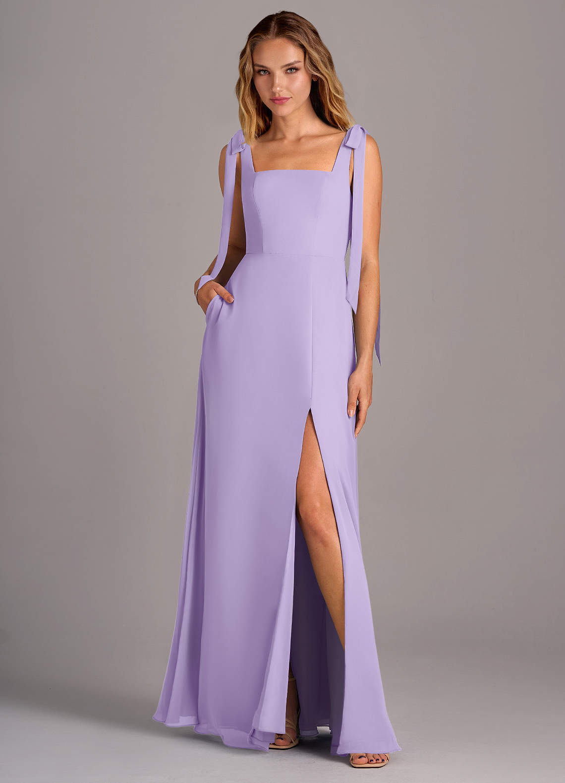 Azazie Debra Bridesmaid Dresses Lilac A-Line with Pockets Chiffon Convertible Dress image1