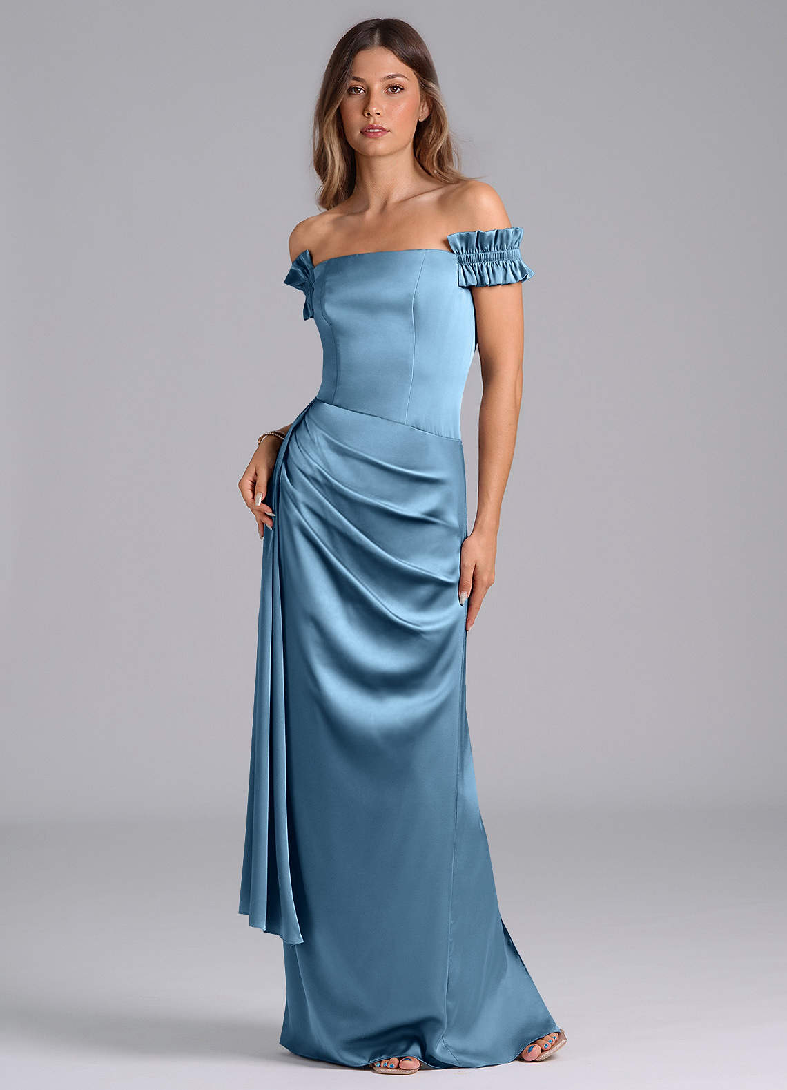 Azazie Kalysia Brautjungfernkleider Wandelbar Meerjungfrau-Linie Schulterfrei Stretch-Satin Kleid Stahlblau image1