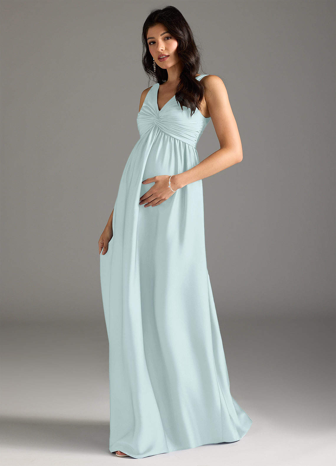 Azazie Yetta Maternity Bridesmaid Dresses A-Line Pleated Stretch Satin Floor-Length Dress image1