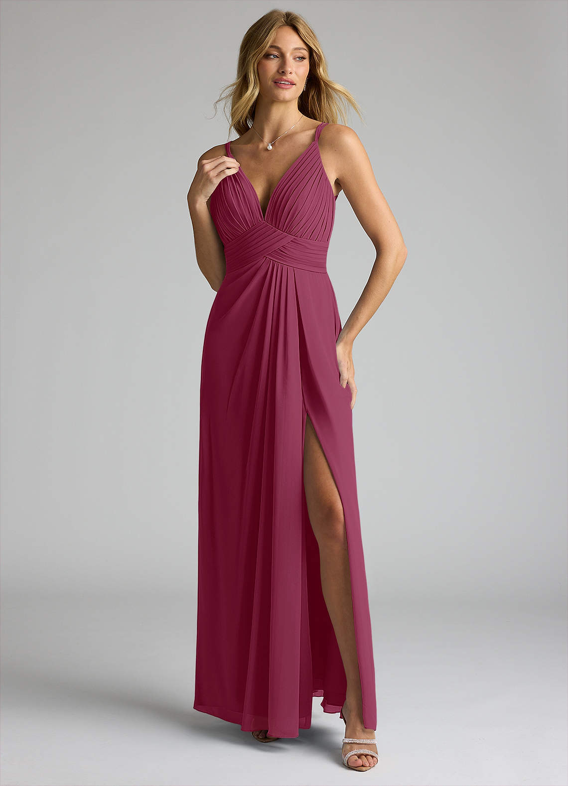 Azazie Maren Allure Bridesmaid Dresses Mulberry A-Line V-Neck Lace Chiffon Dress image1