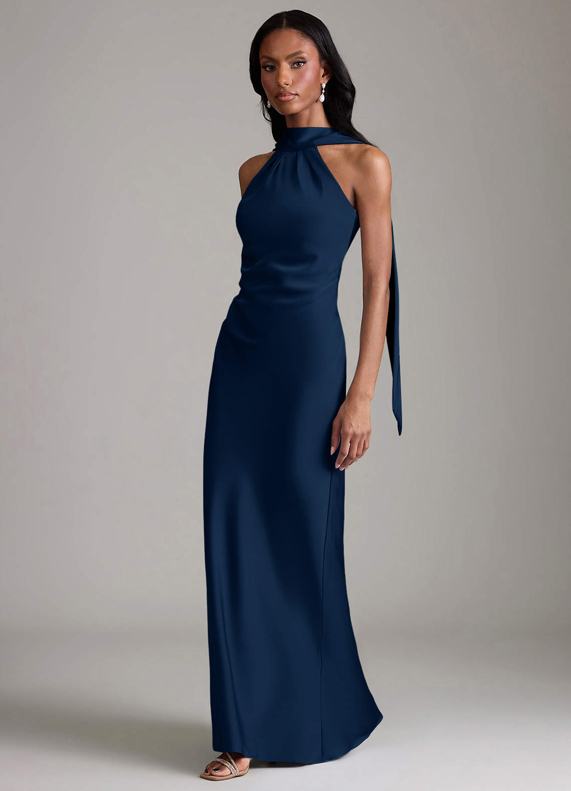navy blue halter mermaid dress Azazie Cassiana Ready to Ship Dark Stretch Satin Bridesmaid Dresses 8th grade navy blue graduation dress