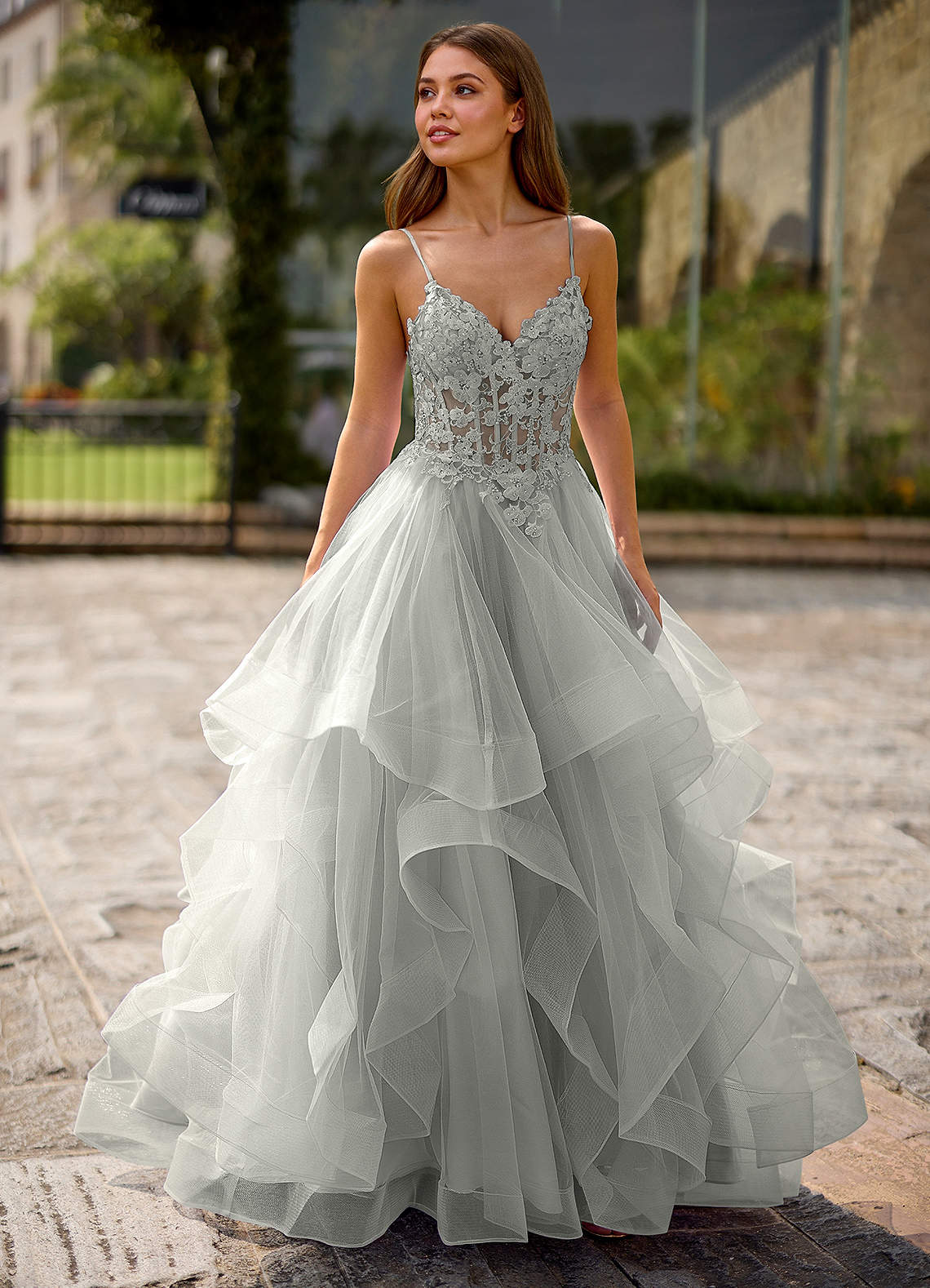 strapless open back dress Grey See Through Prom Dress with Side Slit main image 1