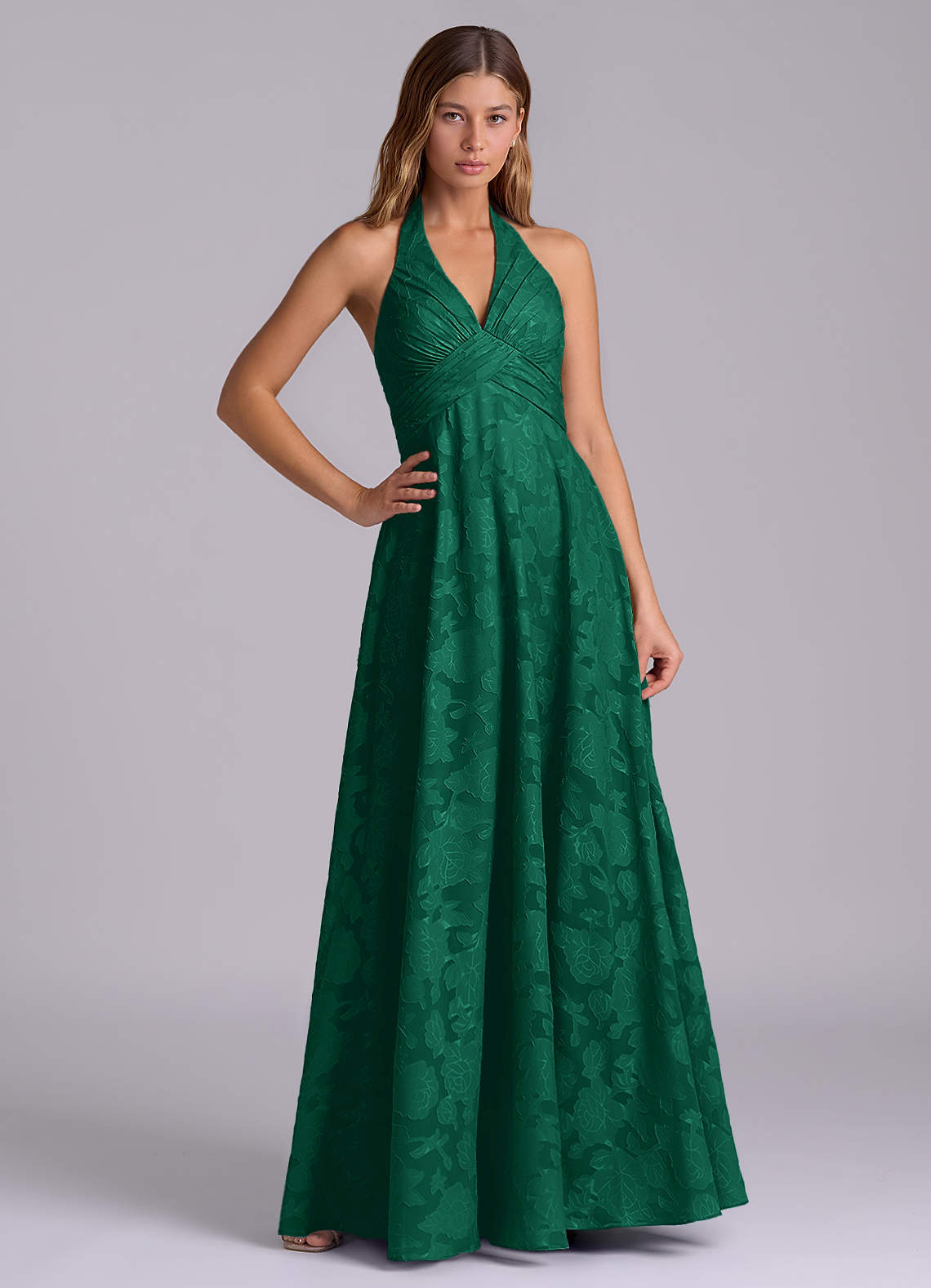Azazie A-Line Halter Neck Floor-Length Floral Burnout Bridesmaid Dresses - Emerald