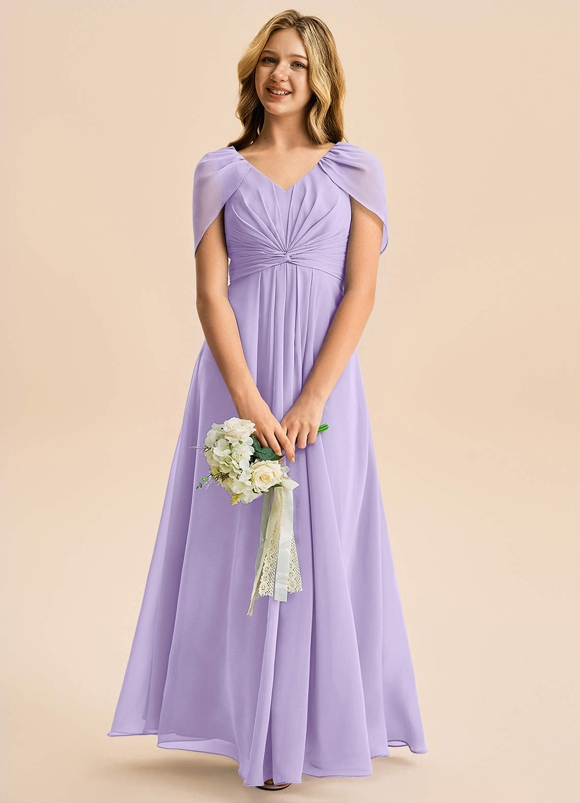 Azazie Emma Junior Robe Trapèze en Mousseline de soie Plissée Lilas image2