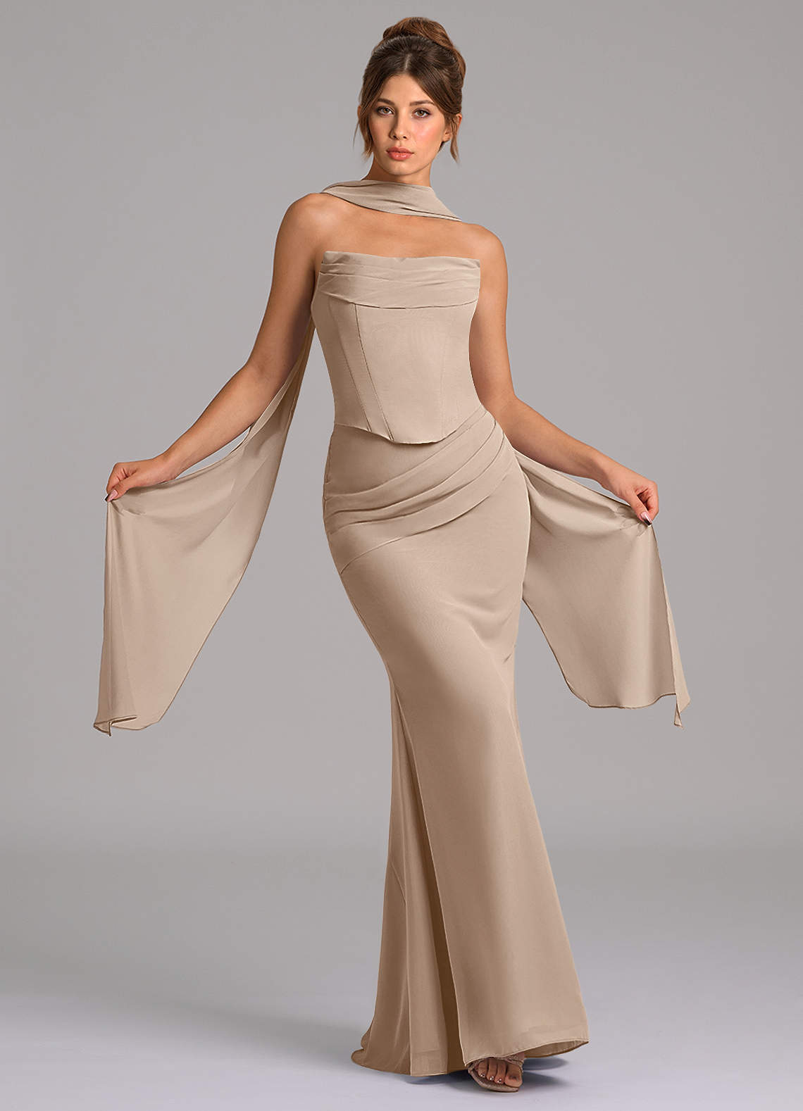 Azazie Sorrel Bridesmaid Dresses Taupe Mermaid Corset Chiffon Dress image1
