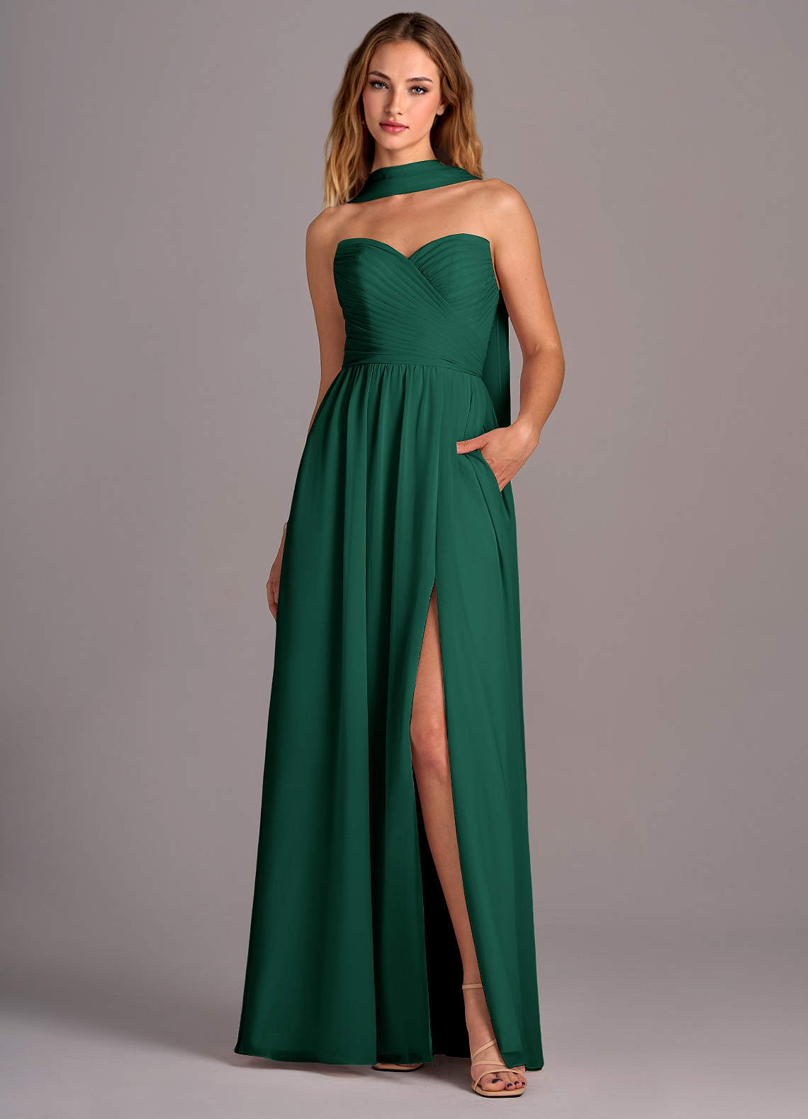 Azazie Joni Bridesmaid Dresses Emerald A-Line Strapless Chiffon Convertible Dress image1