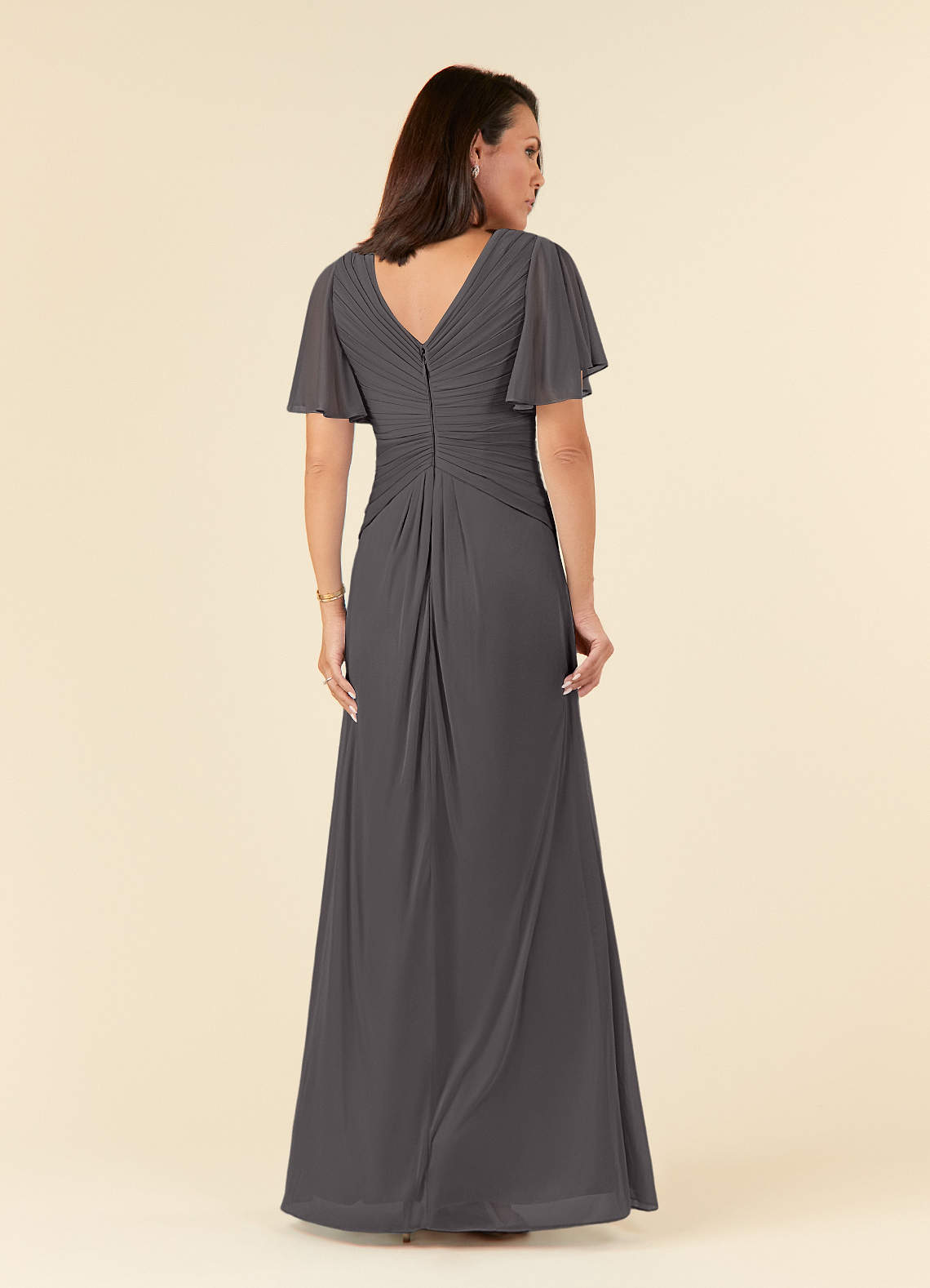Azazie Emmeline Mother of the Bride Dresses Steel Grey A-Line V-Neck Pleated Mesh Dress image1