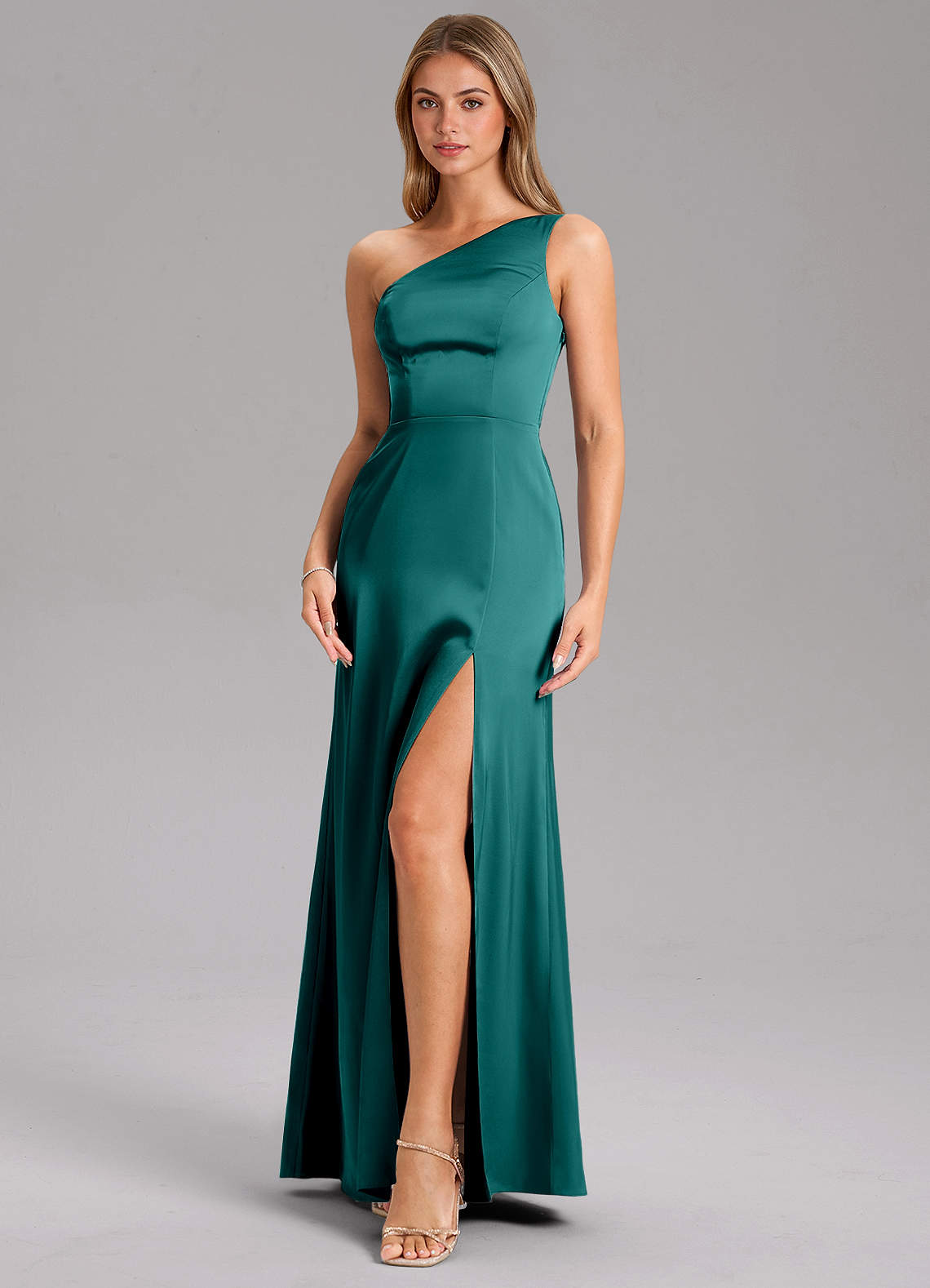 high low satin bridesmaid dresses Azazie A-Line One-Shoulder Floor-Length Stretch COLOR:WHITE/NAVY One shoulder navy wedding guest shoes Lace Back A Line