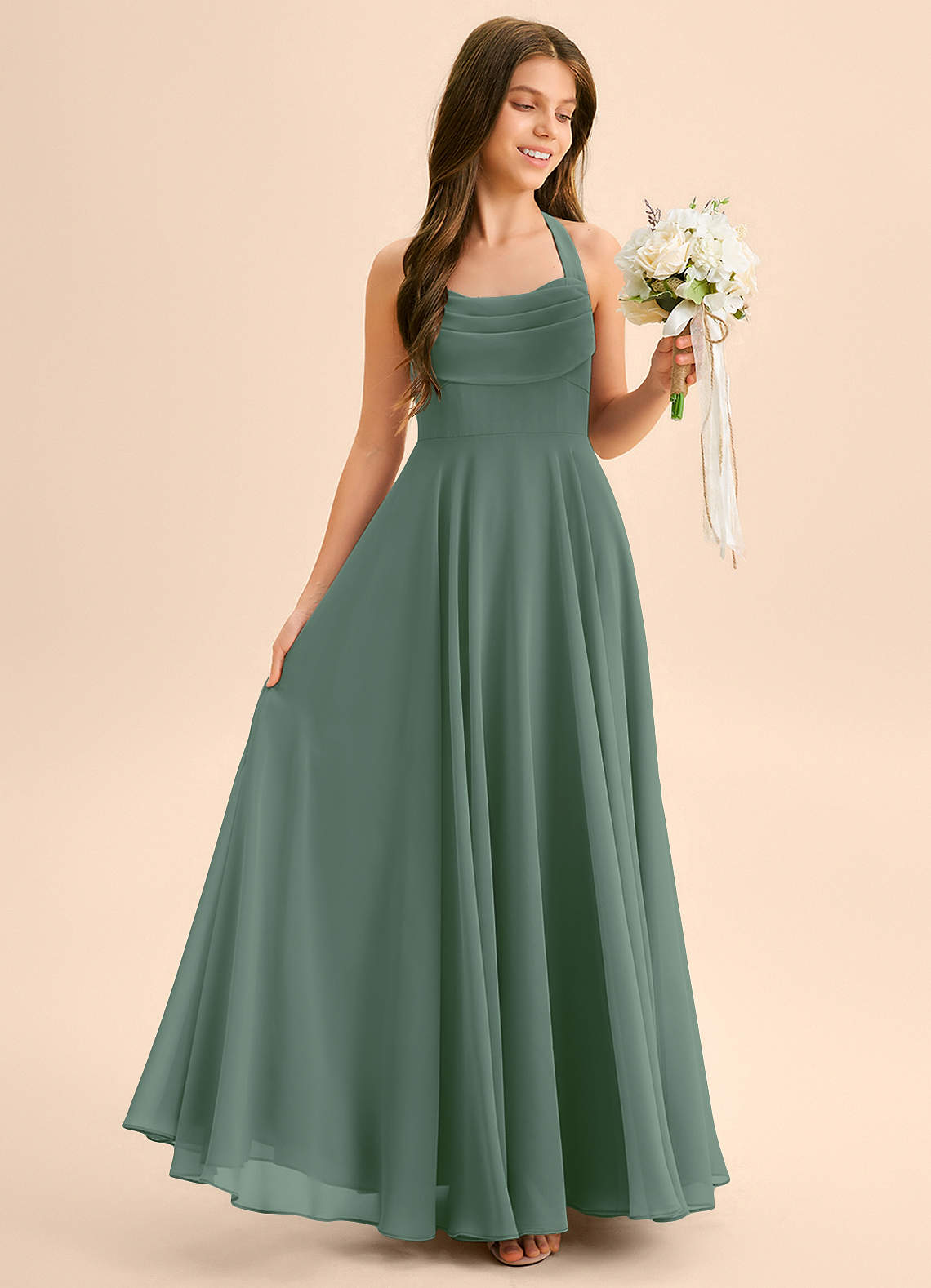 Azazie Kady Junior Abito A-Line in Chiffon Scollo a Cuore Eucalipto image4