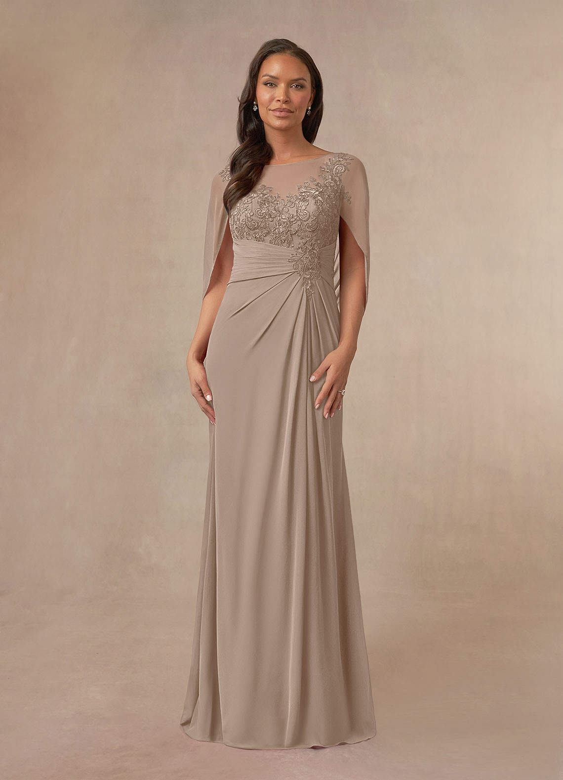 Azazie Hera Taupe A-Line Lace Capelet Chiffon Dress | Azazie