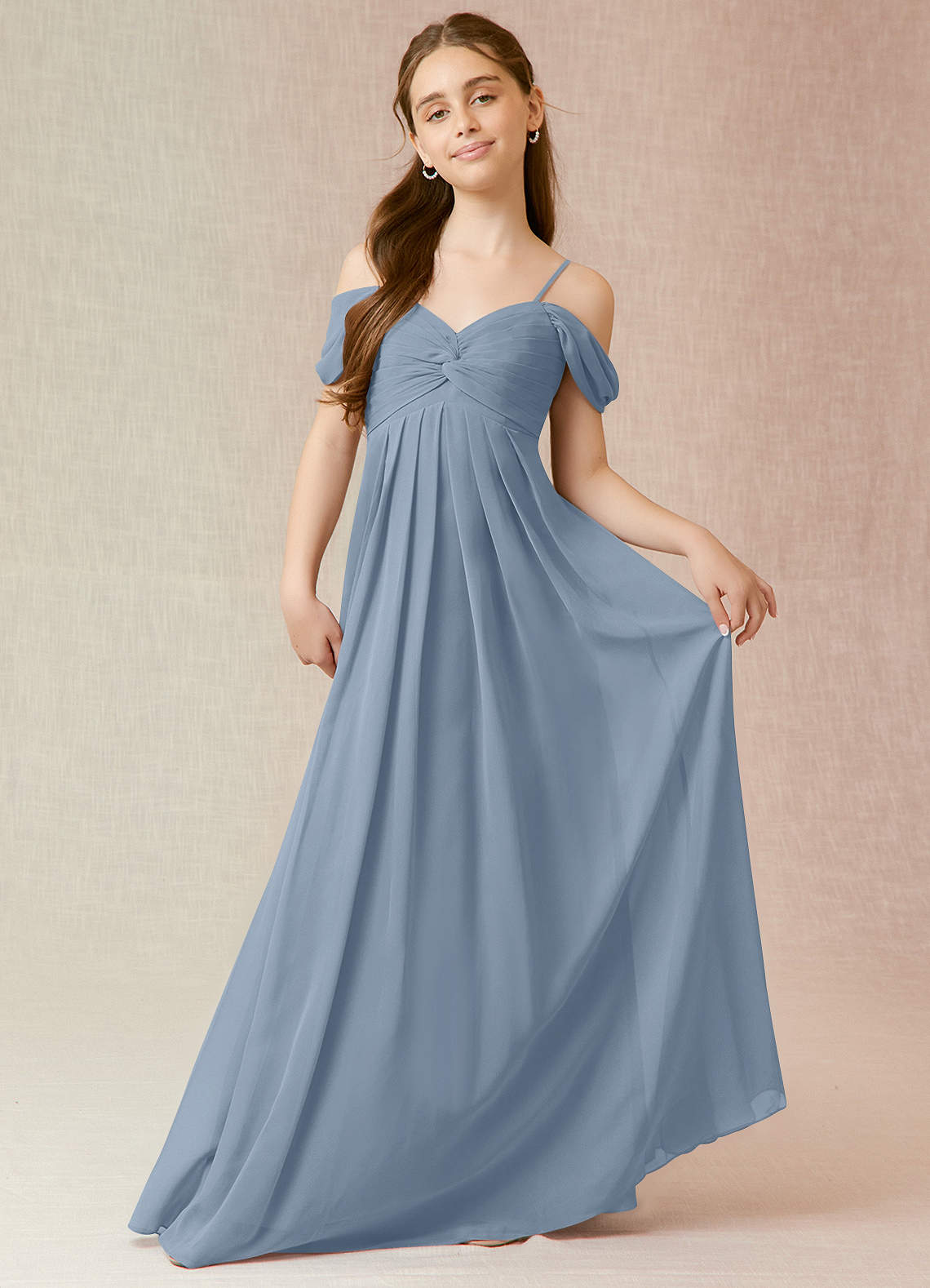 Azazie Kaitlynn Junior Dusty Blue A-Line Off the Shoulder Chiffon Dress image1