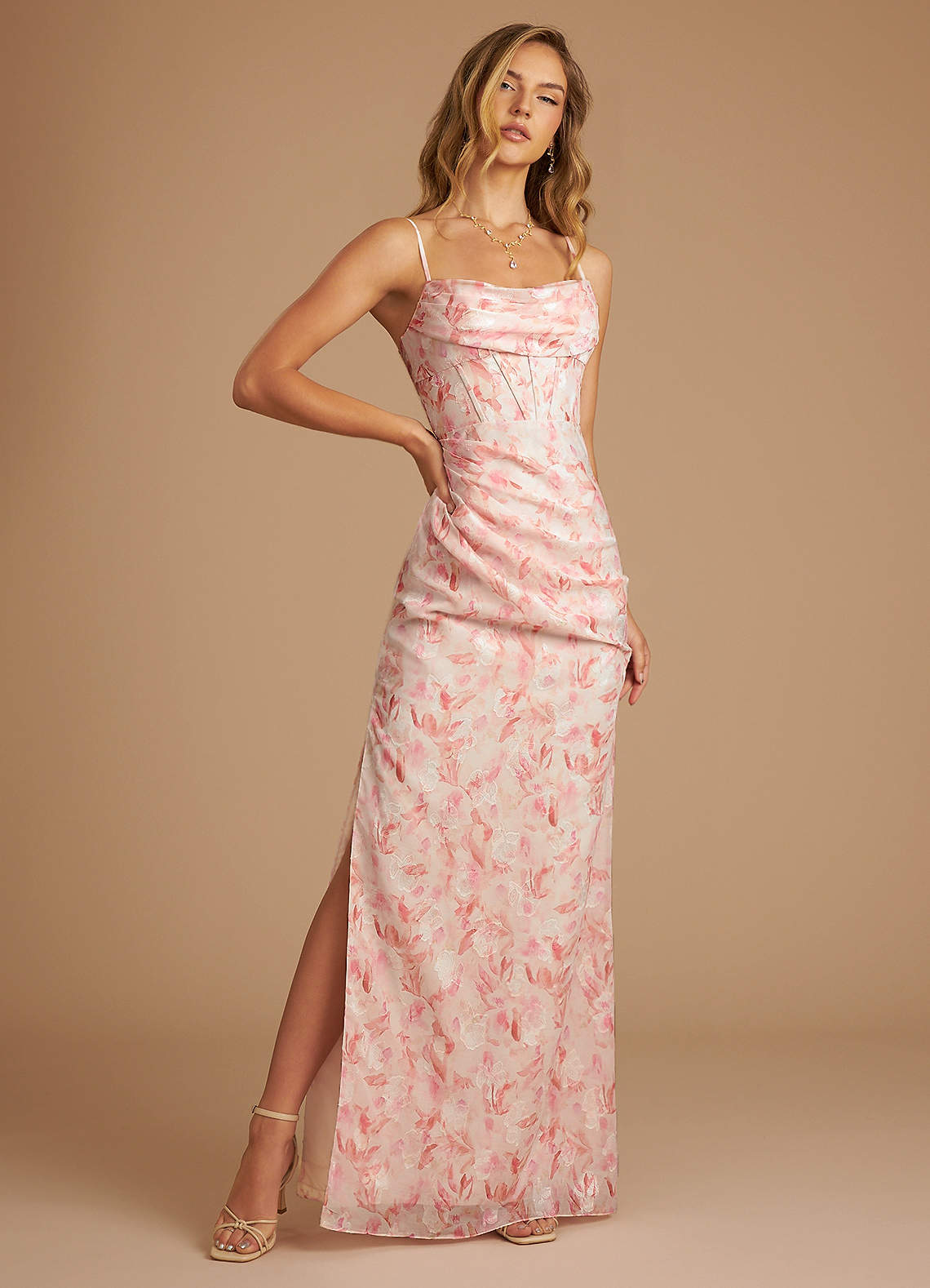 Azazie Mai Jurken voor bruidsmeisjes Jurk van Aquarel Bloemen met Kolom Geplooid Roze Aquarel Bloemen image1