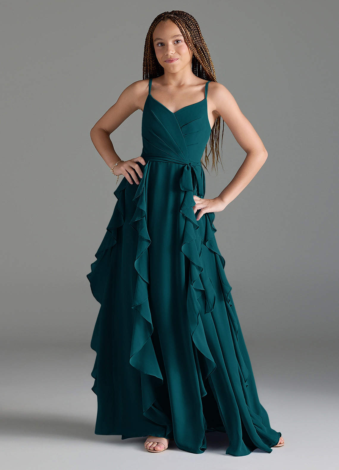 Azazie Peyton Junior A-Linie Kaskadierende Rüschen mit V-Ausschnitt Chiffon Kleid Kiefer image1