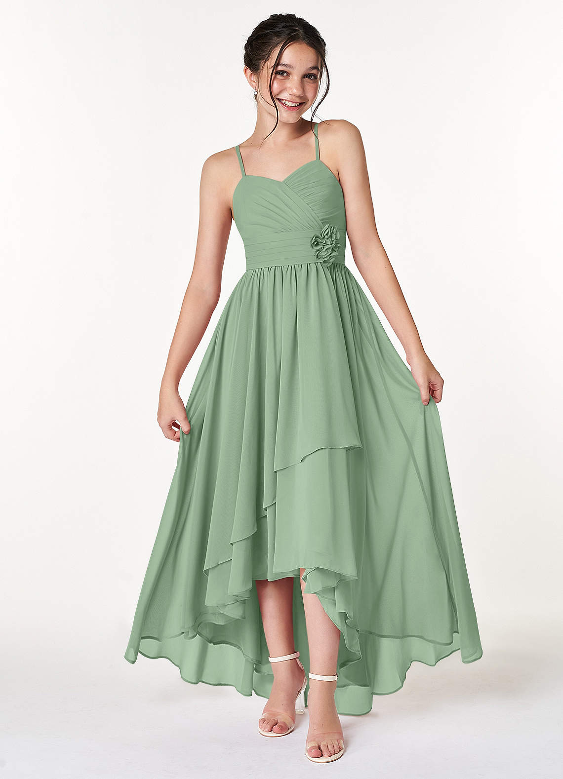 Azazie Catalina Junior Matcha A-Line Ruched Chiffon Dress image1