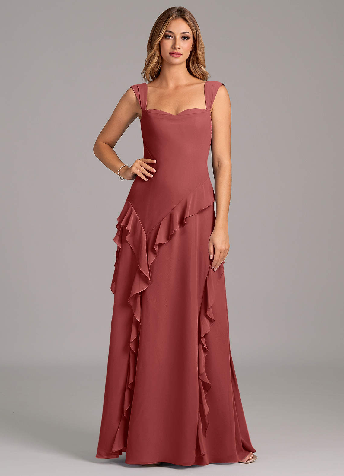 Azazie Sloane At-home Try On Dresses Terracotta A-Line Sweetheart Neckline Chiffon Dress image4