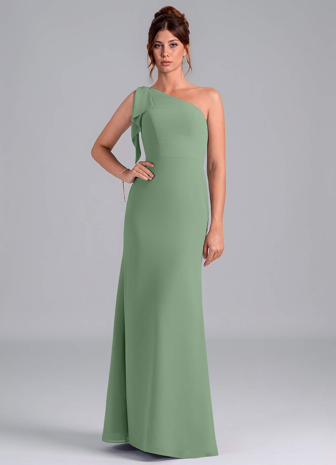 Azazie Rinna Bridesmaid Dresses Matcha Mermaid One Shoulder Chiffon Dress image1