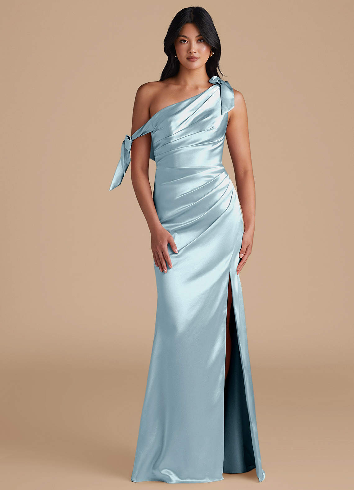 Azazie Xyla Bridesmaid Dresses Sky Blue Sheath Off the Shoulder Metallic Satin Convertible Dress image1