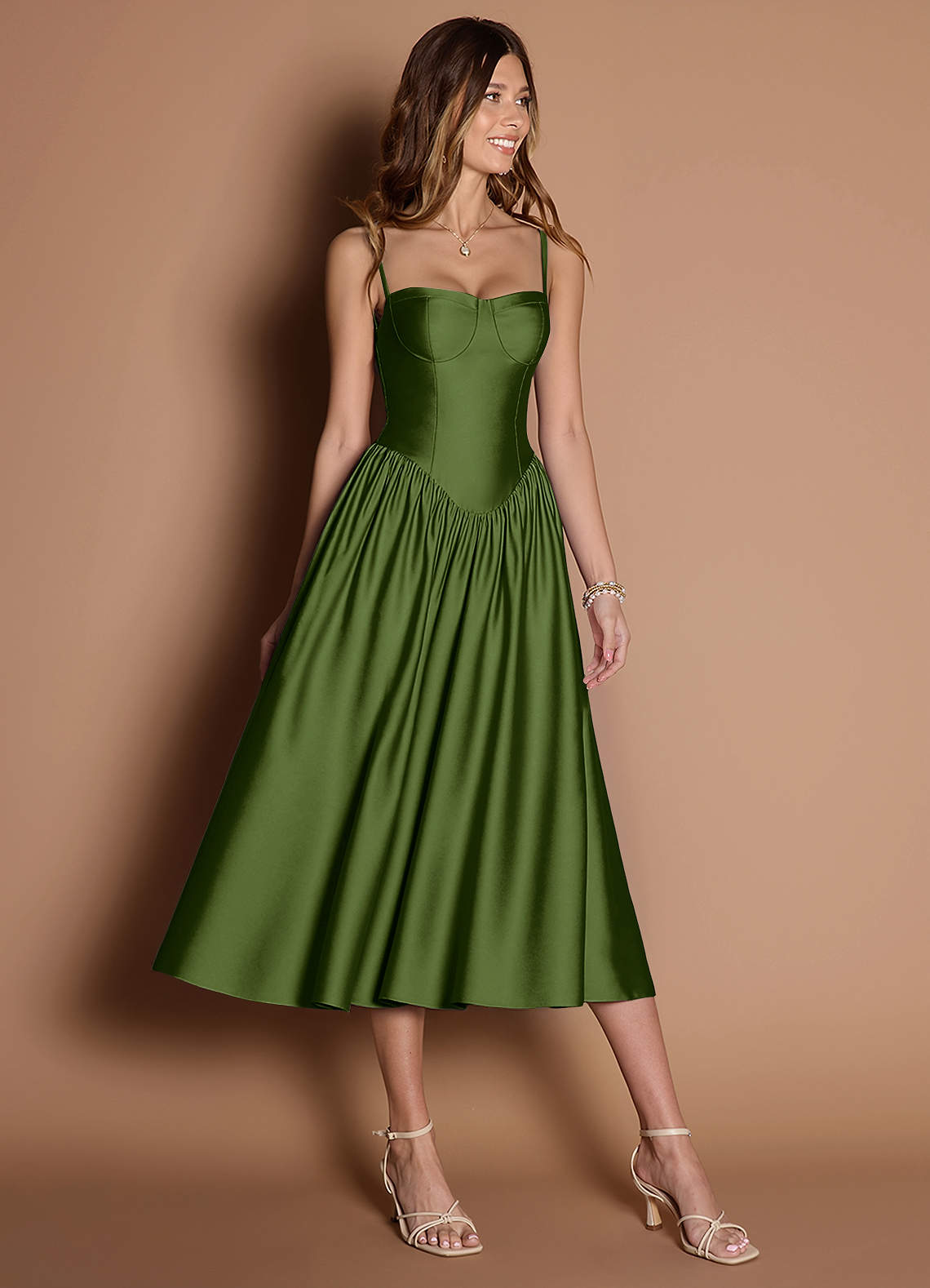 Ottilie Olive Green Pleated Midi Dress