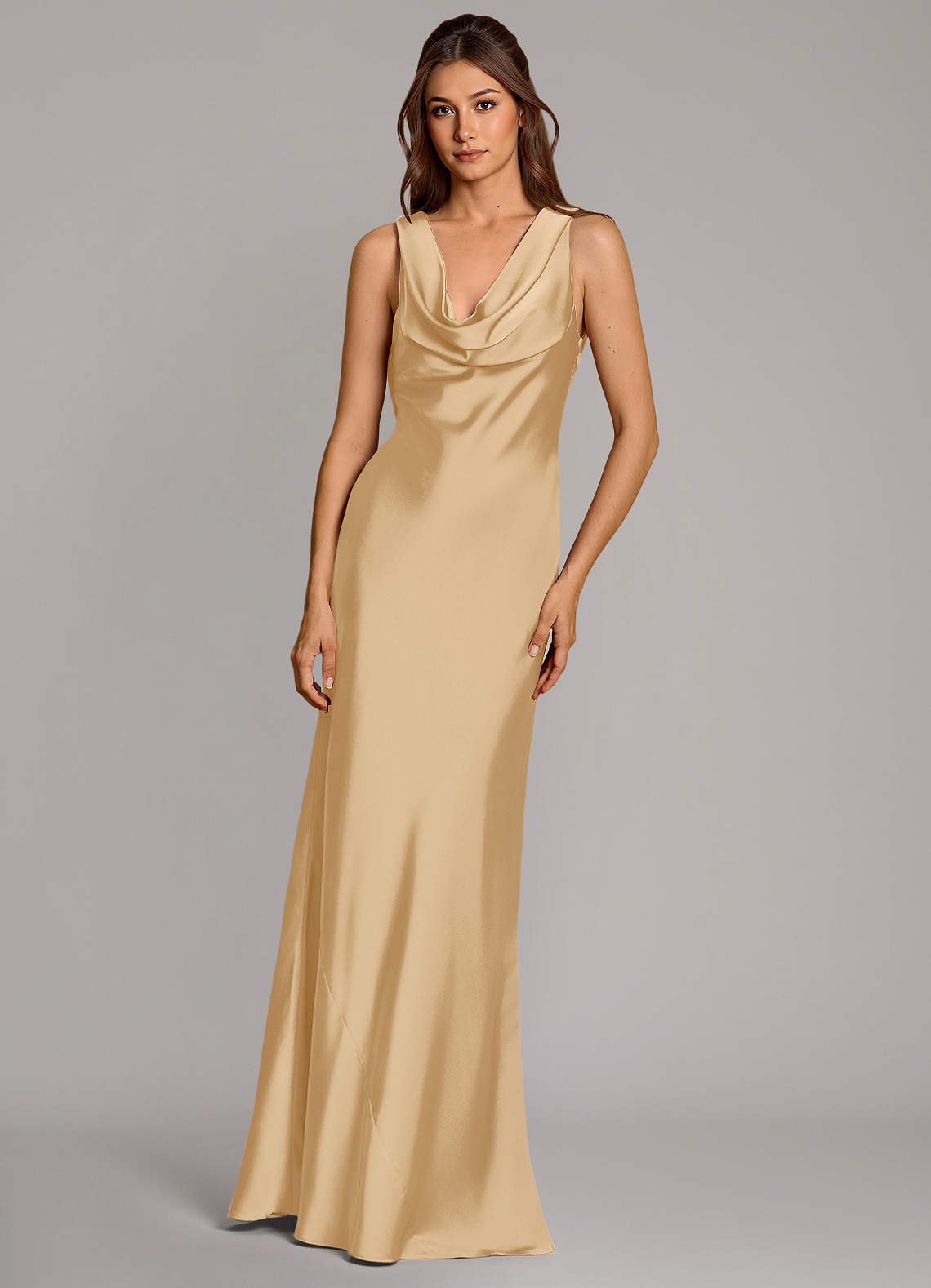 Azazie Cheryl Vestidos de damas de honor Vestido de Oro de Satén Elástico de Corte Sirena image3