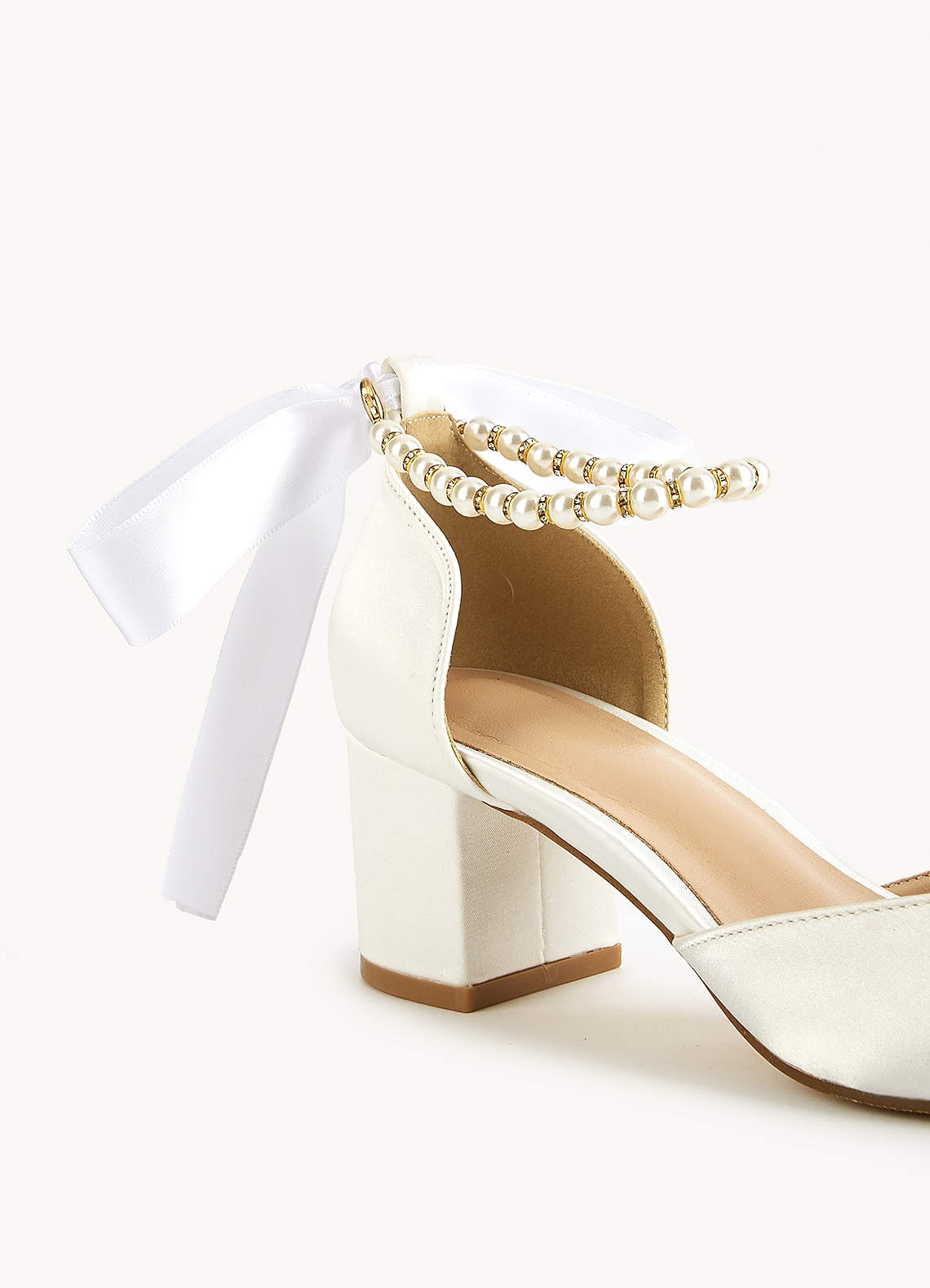 front Satin Pearl and Bow Pointed Toe Block Heels