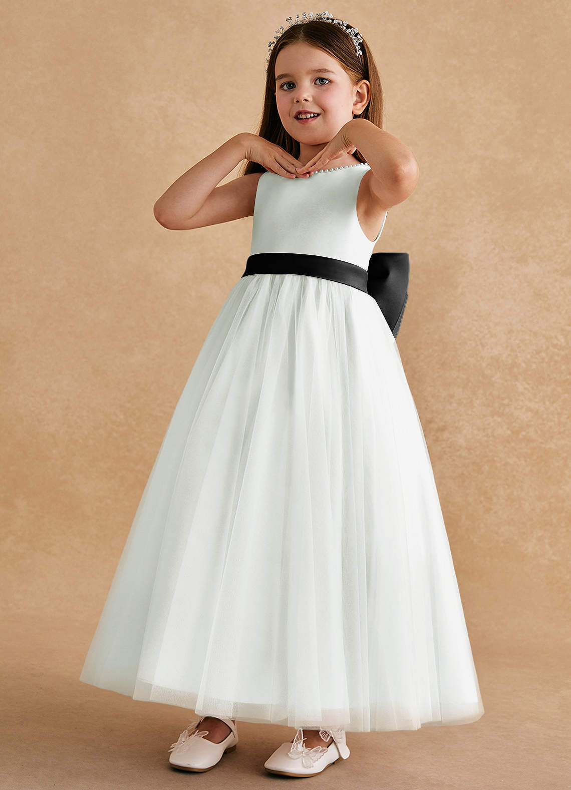 Azazie A-Line/Princess Boat Neck Ankle-Length Tulle Flower Girl Dresses - Ivory/Black