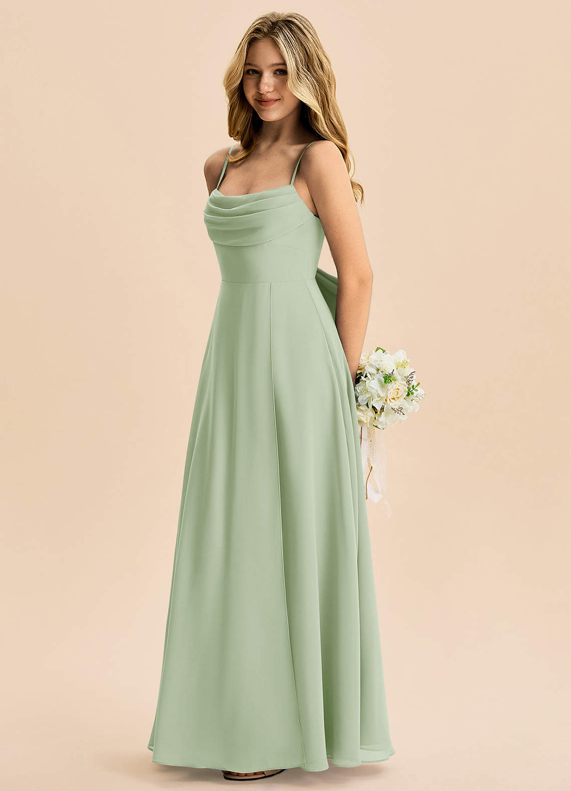 Azazie Bear Junior Dusty Sage A-Line Pleated Chiffon Dress image4