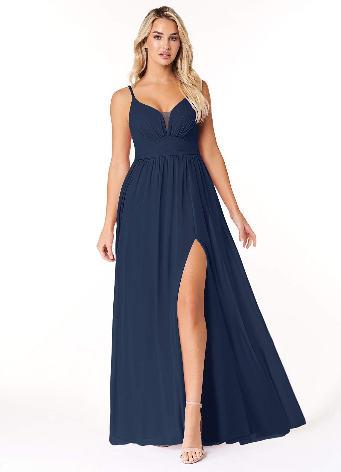 Azazie Rayna Brautjungfernkleider A-Linie V-Hals Gefaltet Chiffon Kleid Dunkelmarine image1