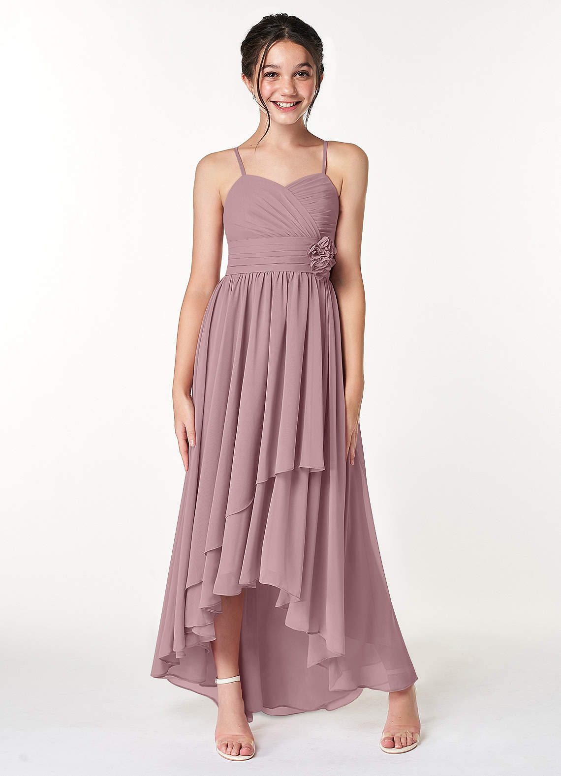 Azazie Catalina Junior Dusty Rose A-Line Ruched Chiffon Dress image1