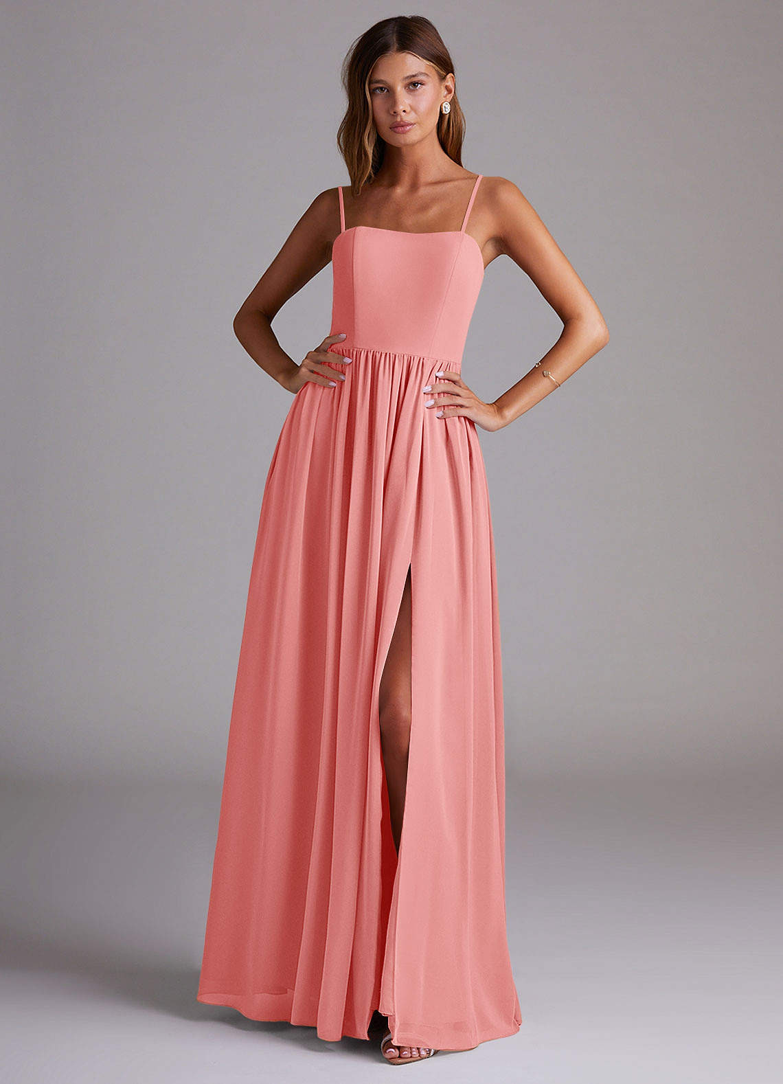 Azazie Calianna Bridesmaid Dresses Coral A-Line Off the Shoulder Chiffon Convertible Dress image1